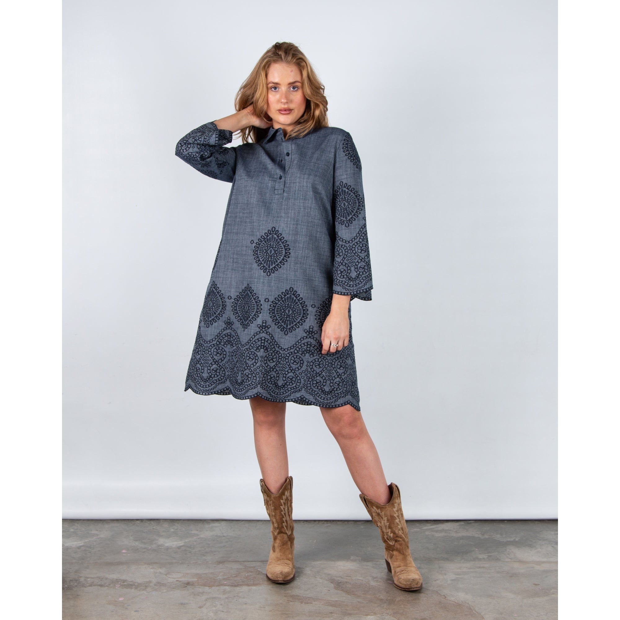 Luisa Cerano Embroidered Shirt Dress (Longer) 94cm Dark Denim