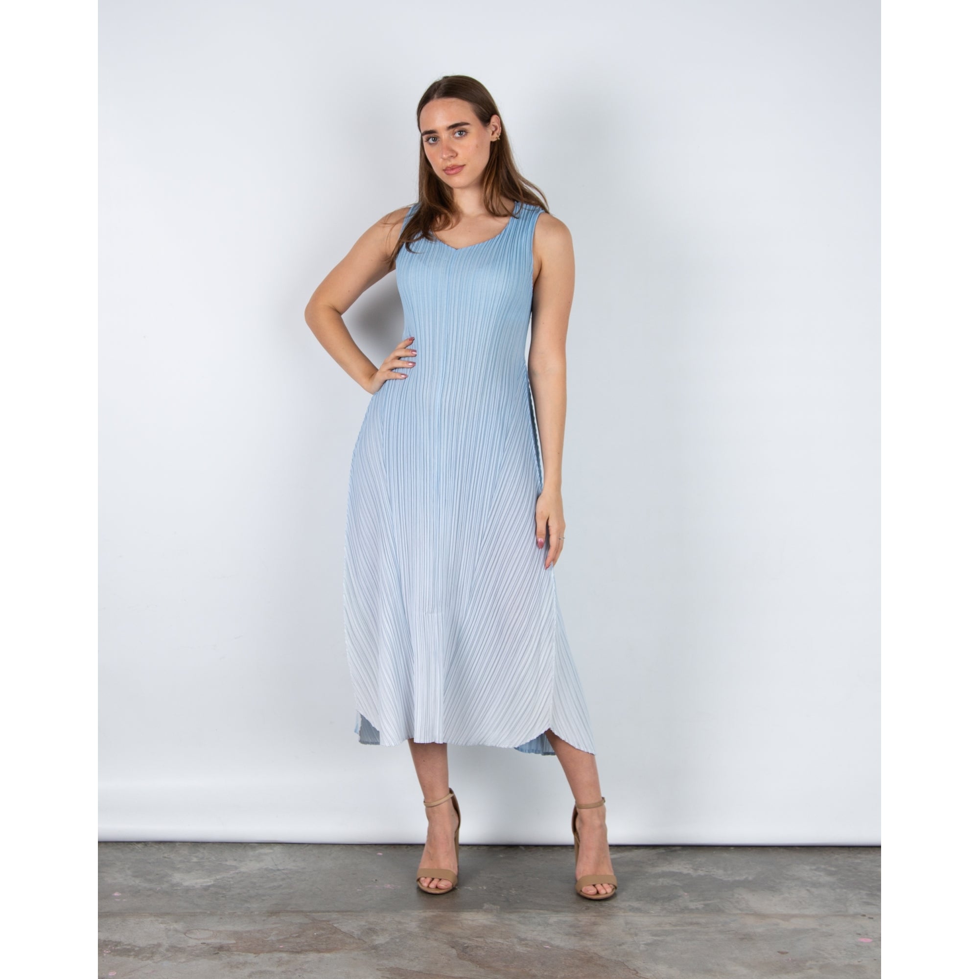 Alquema Long Estrella Crinkle Pleat Sleeveless Dress Blue Sky Ombre