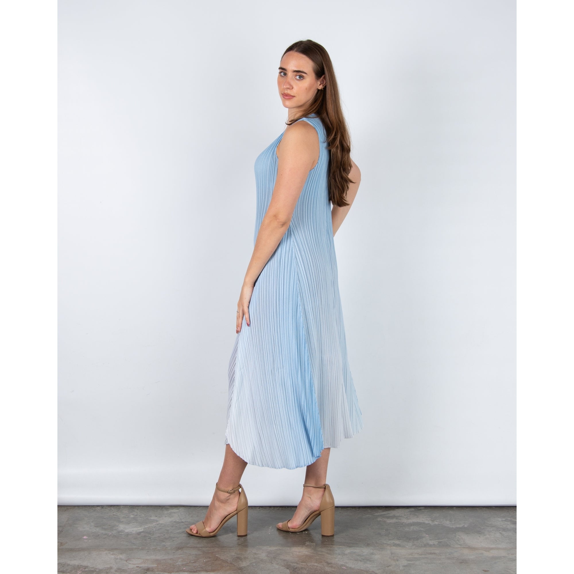 Alquema Long Estrella Crinkle Pleat Sleeveless Dress Blue Sky Ombre