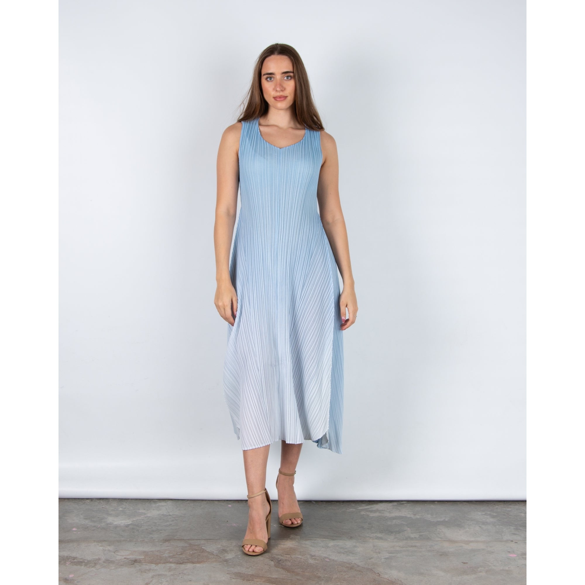 Alquema Long Estrella Crinkle Pleat Sleeveless Dress Blue Sky Ombre