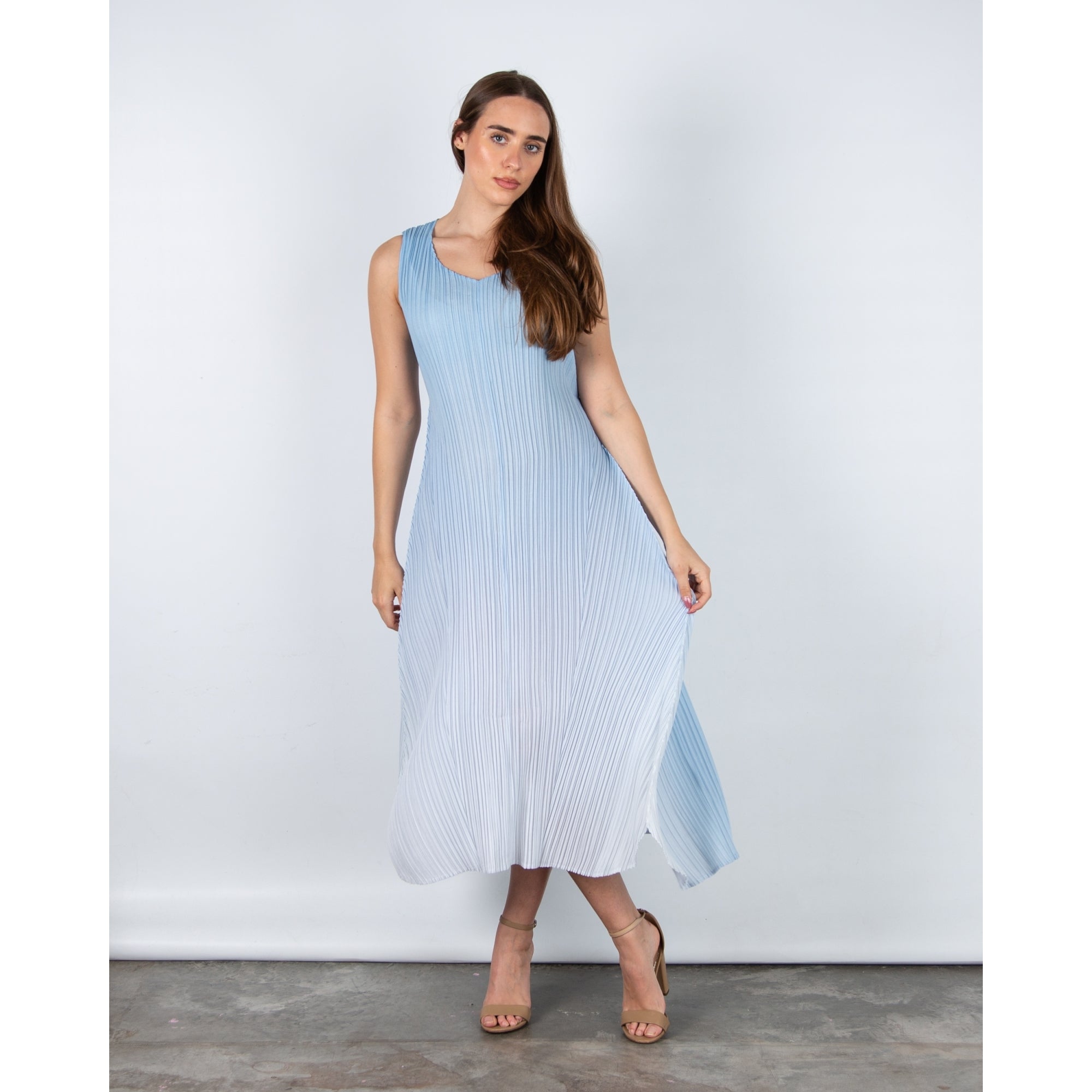Alquema Long Estrella Crinkle Pleat Sleeveless Dress Blue Sky Ombre