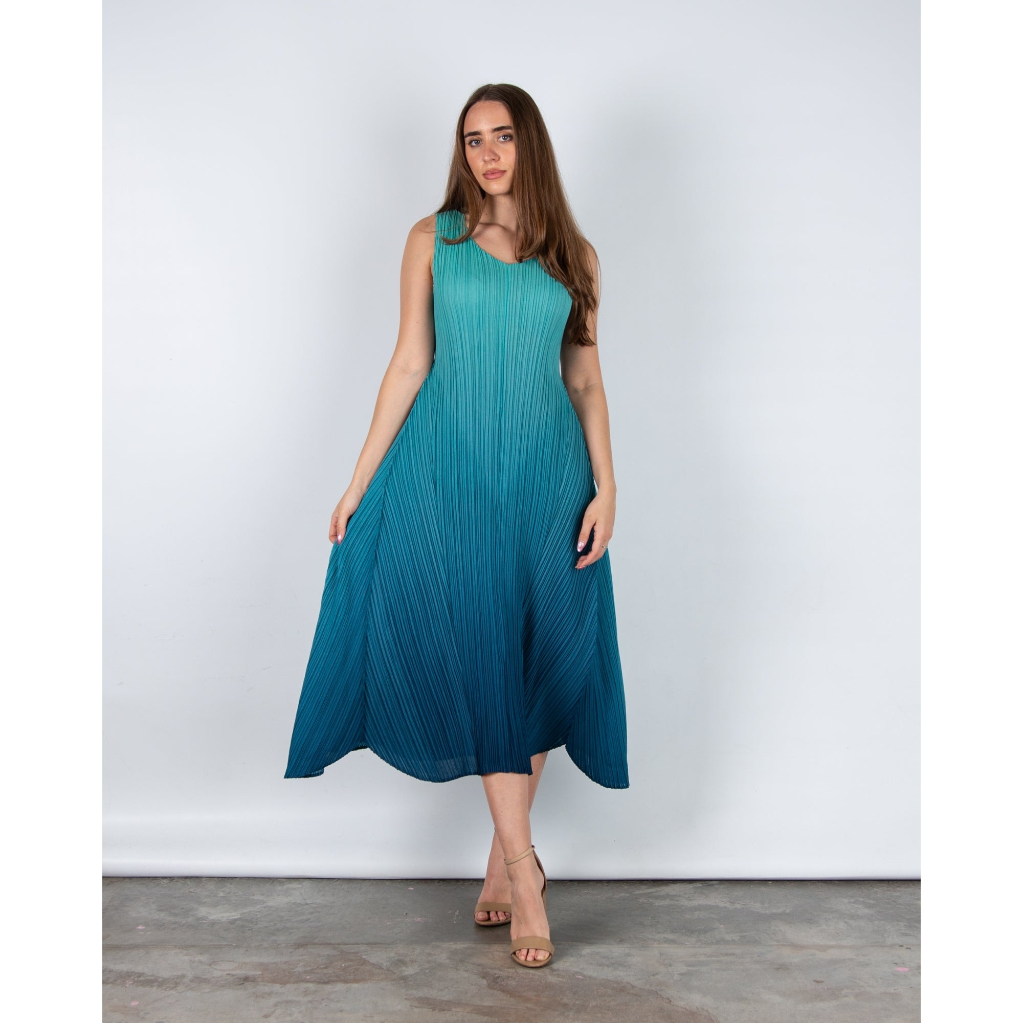 Alquema Long Estrella Crinkle Pleat Sleeveless Dress Atlantis Blue