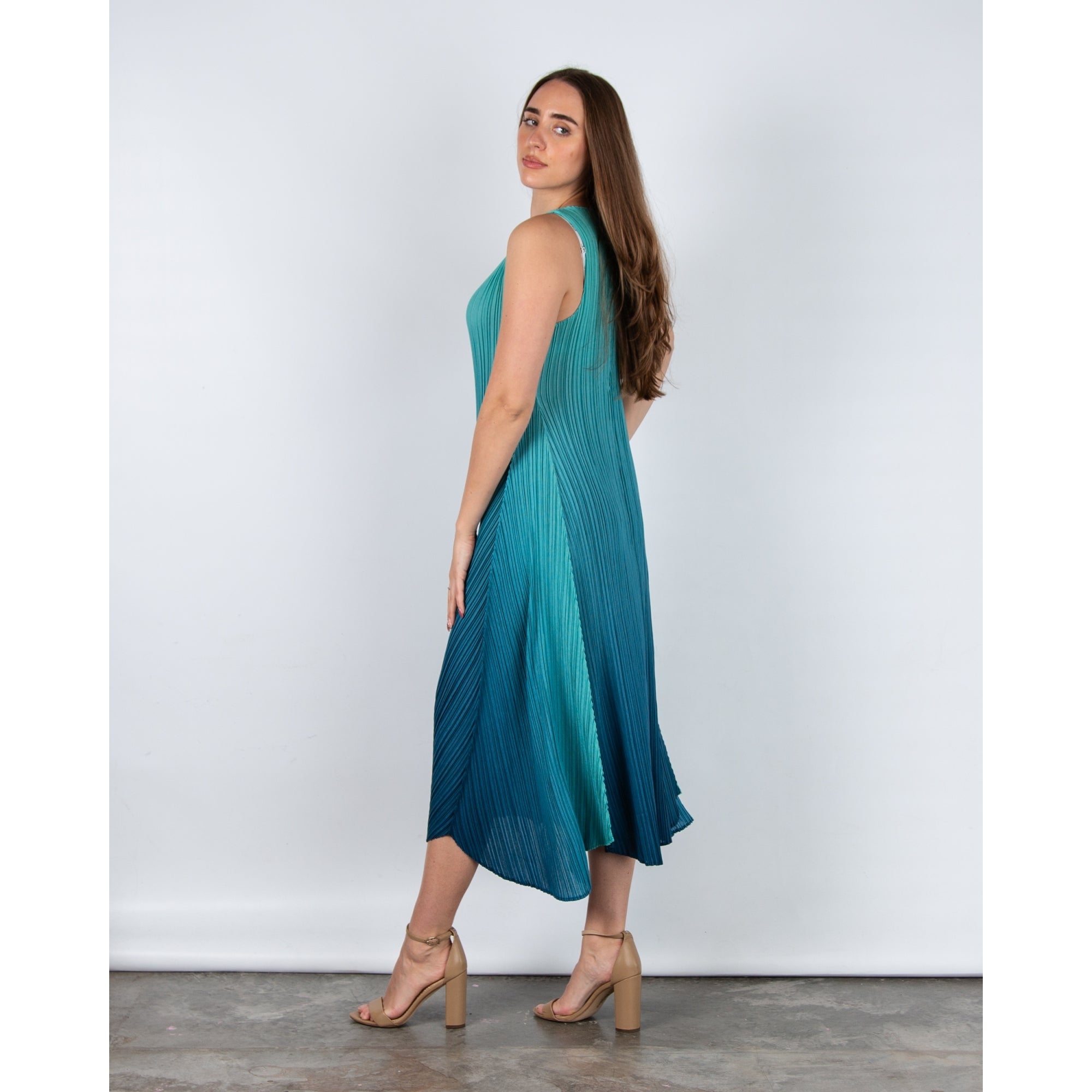 Alquema Long Estrella Crinkle Pleat Sleeveless Dress Atlantis Blue