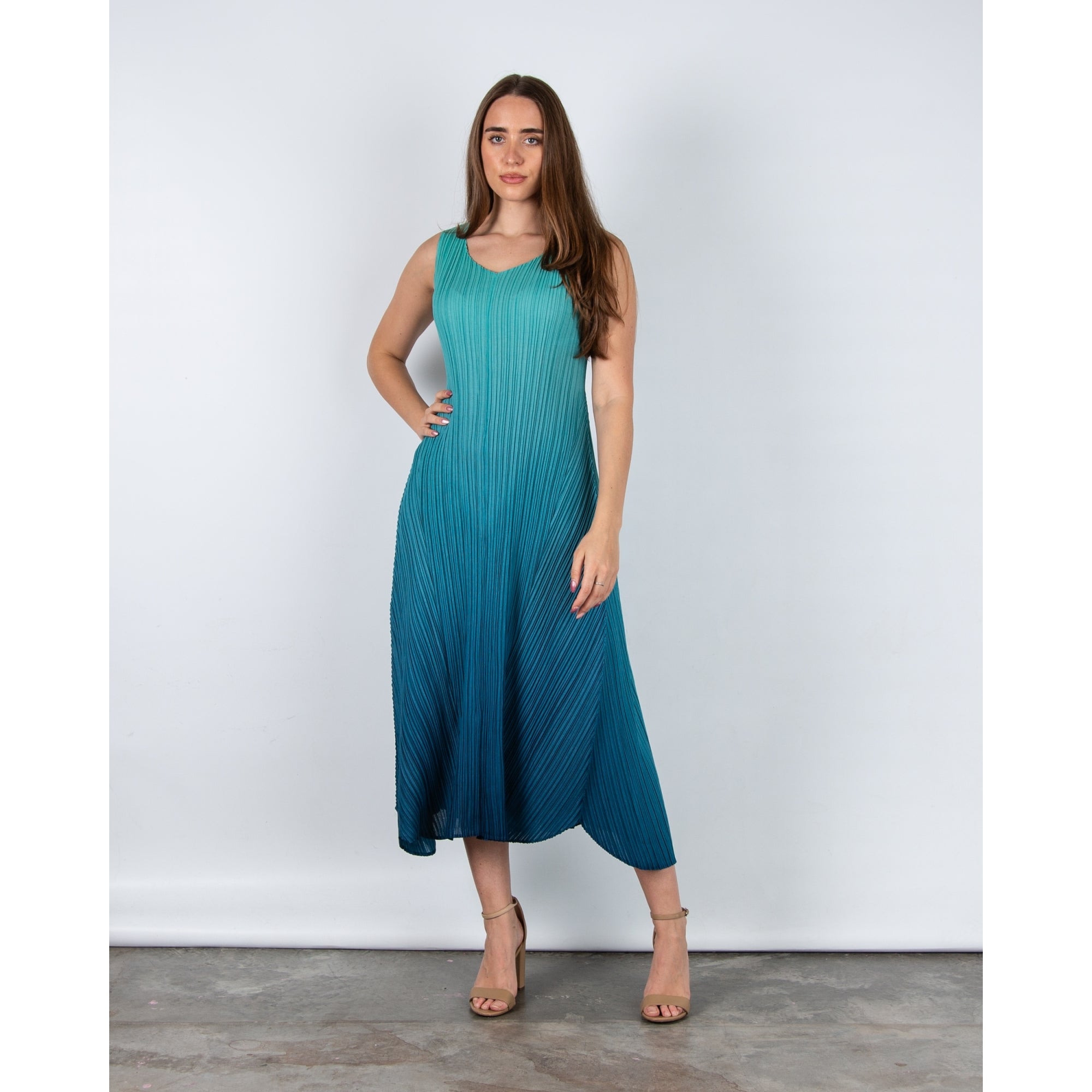 Alquema Long Estrella Crinkle Pleat Sleeveless Dress Atlantis Blue