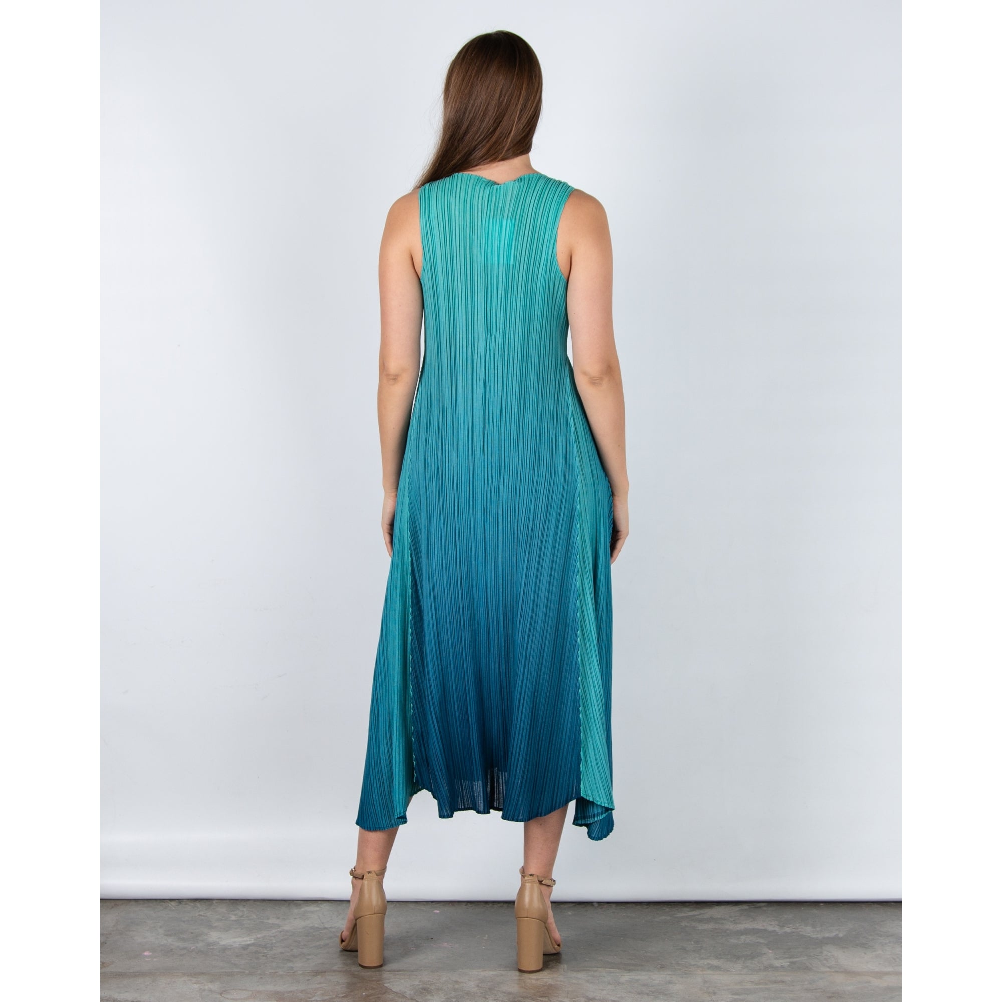 Alquema Long Estrella Crinkle Pleat Sleeveless Dress Atlantis Blue
