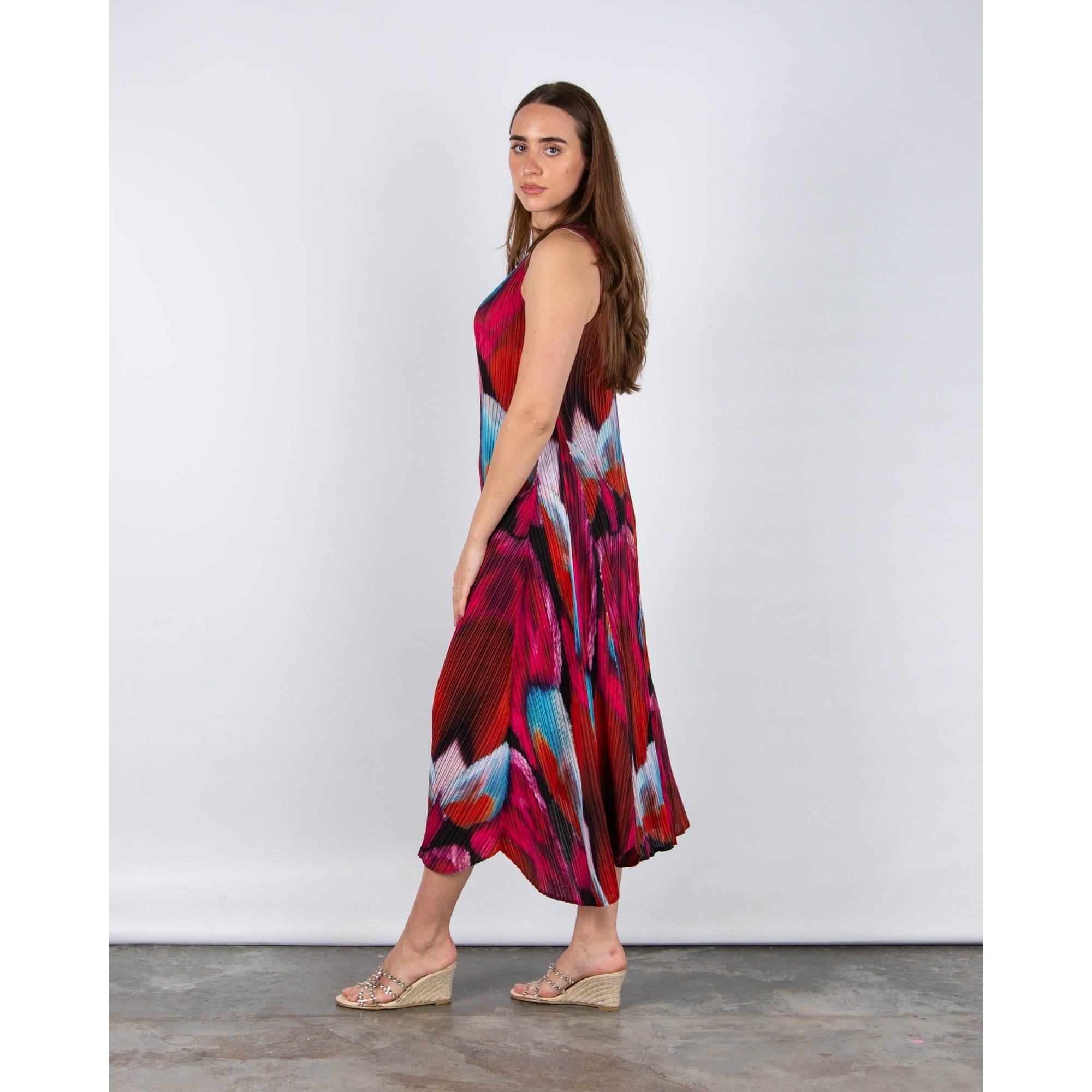 Alquema Long Estrella Crinkle Pleat Sleeveless Dress Pink Bows