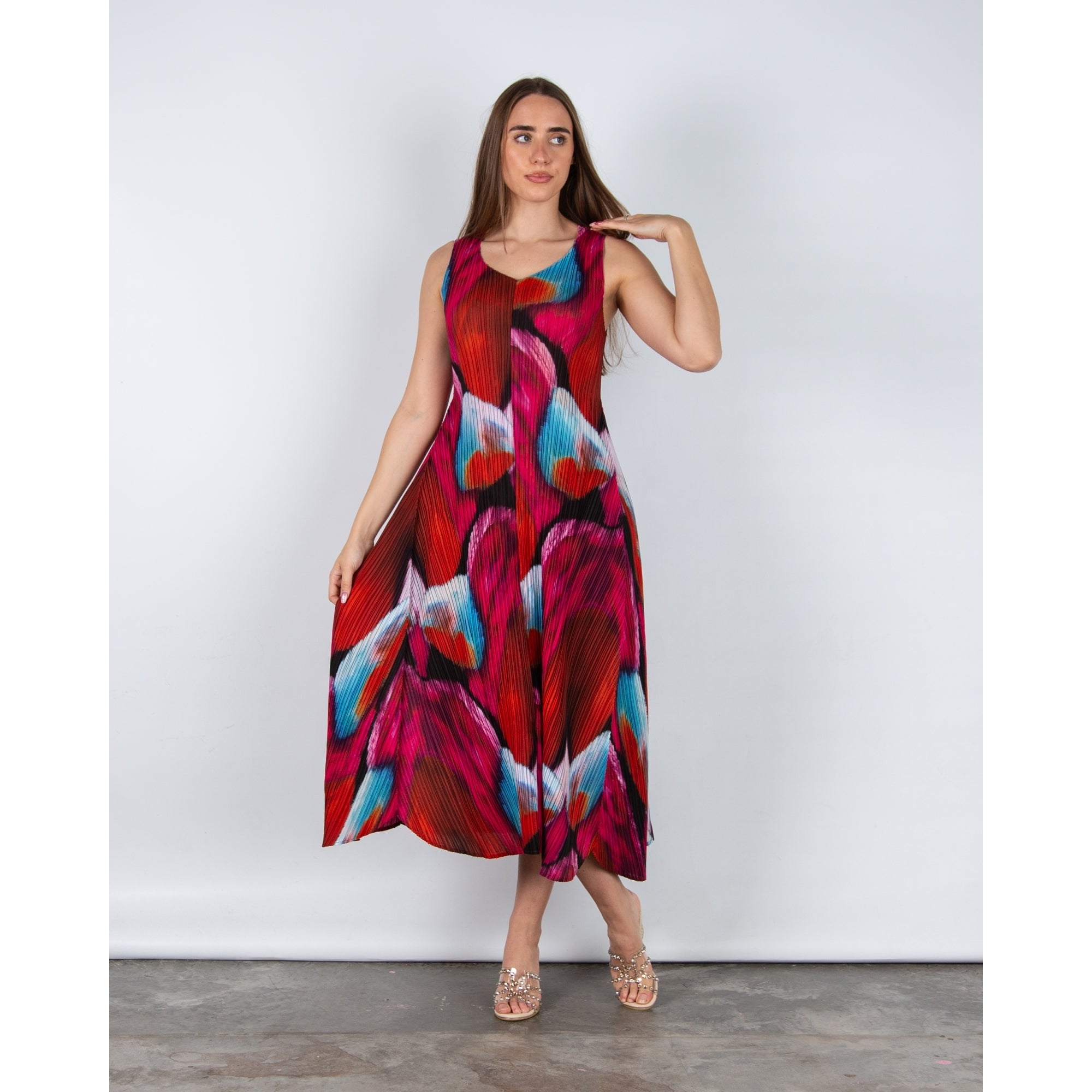 Alquema Long Estrella Crinkle Pleat Sleeveless Dress Pink Bows