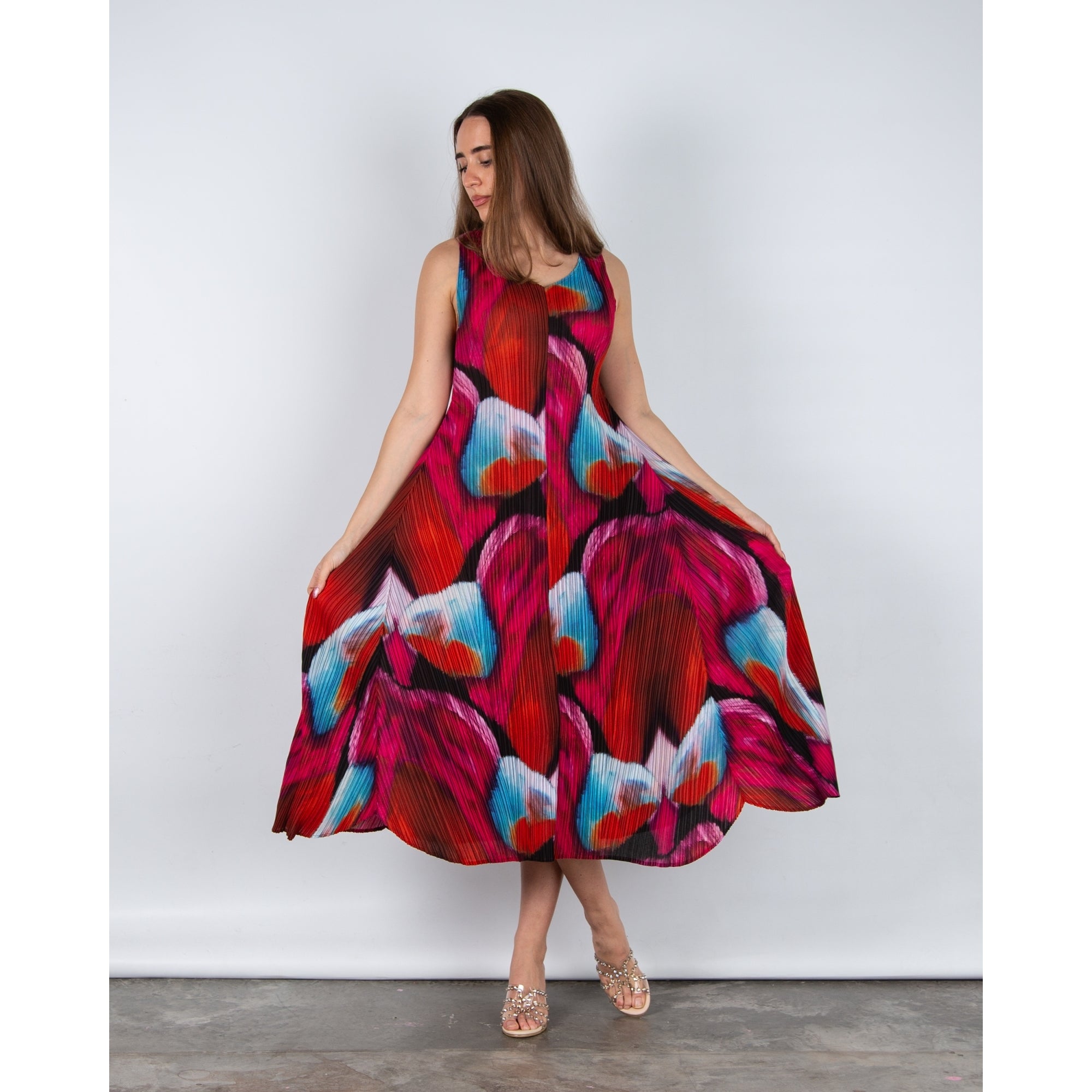 Alquema Long Estrella Crinkle Pleat Sleeveless Dress Pink Bows