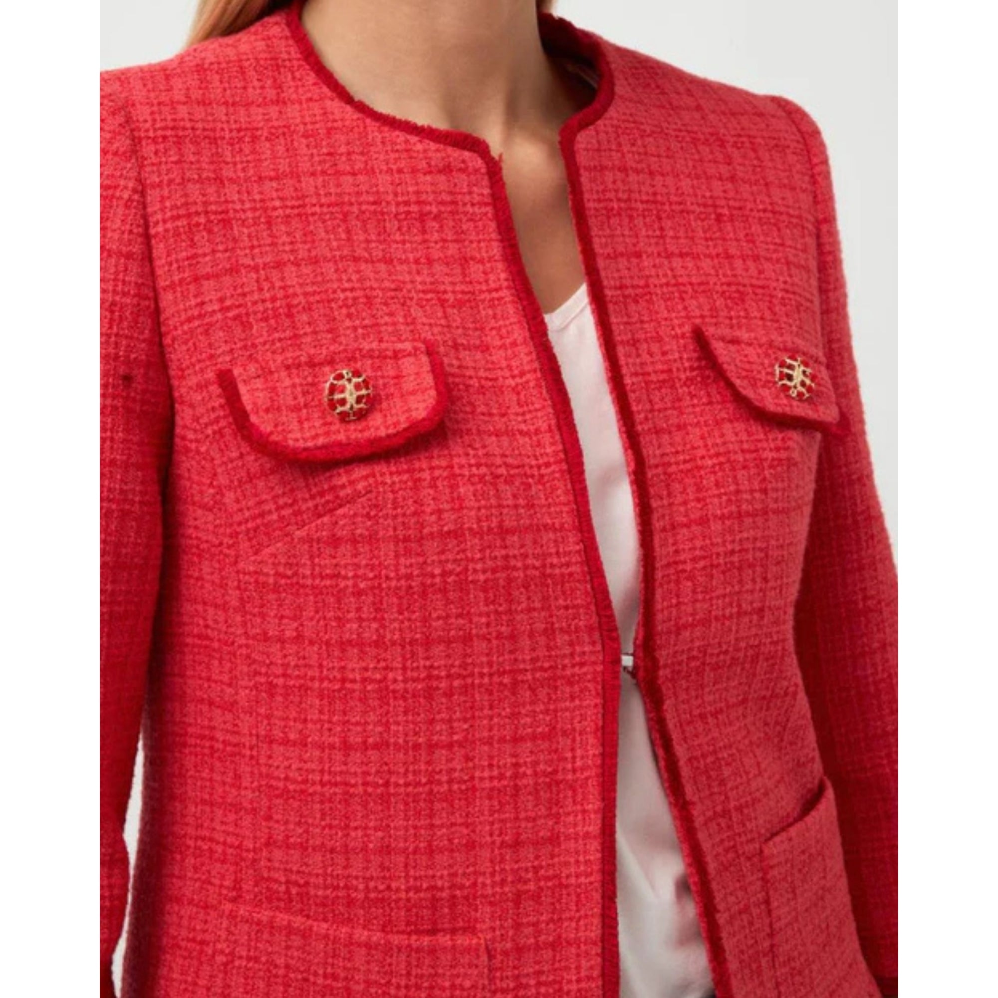Bariloche Brillo Boucle Tweed Collarless Jacket With Raw Edge Red