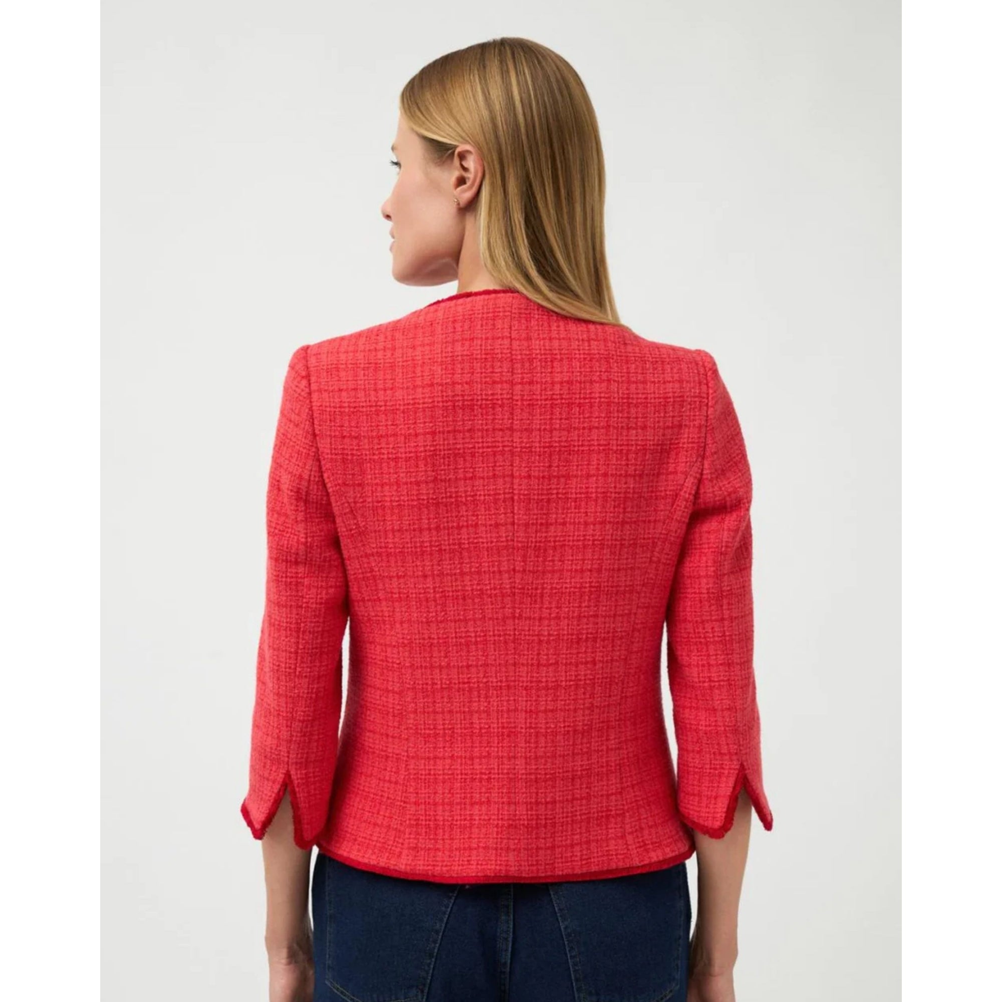 Bariloche Brillo Boucle Tweed Collarless Jacket With Raw Edge Red