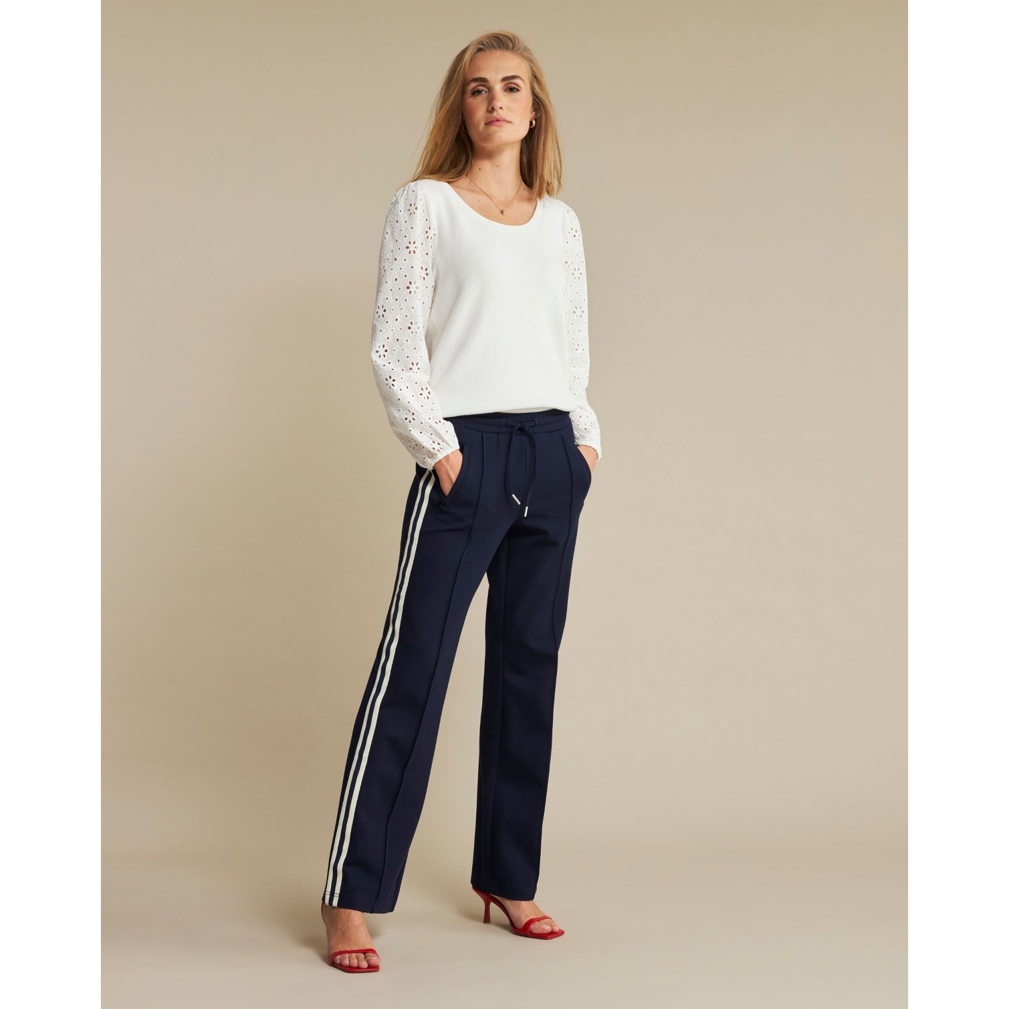Red Button Colette Wide Leg Pull On Trouser With Side Stripe (Shorter) Navy