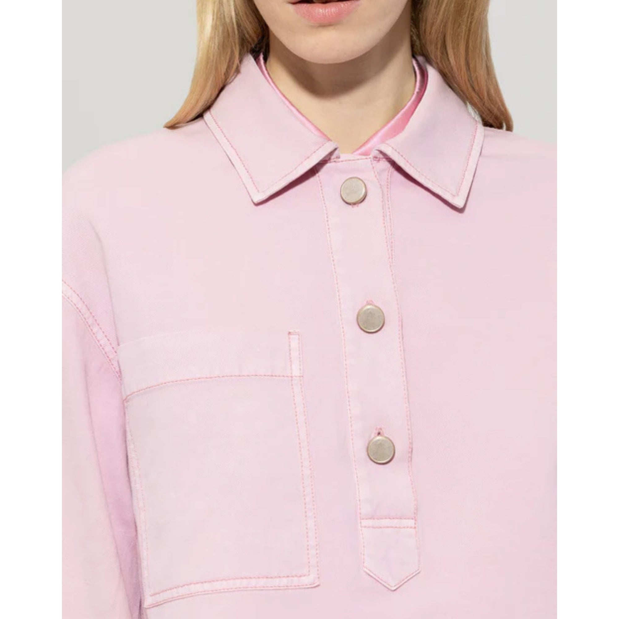 Luisa Cerano Oversized Denim Pocket Front Blouse With Shirt Collar Baby Pink