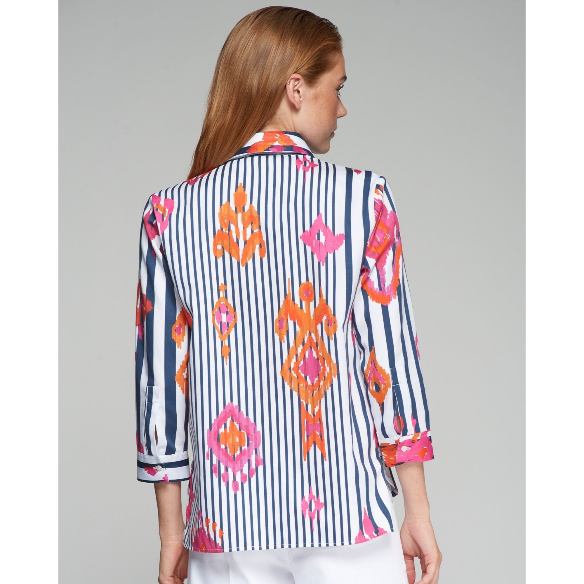 Vilagallo Poline Ikat Stripe Print Fitted Stretch Shirt Navy/pink