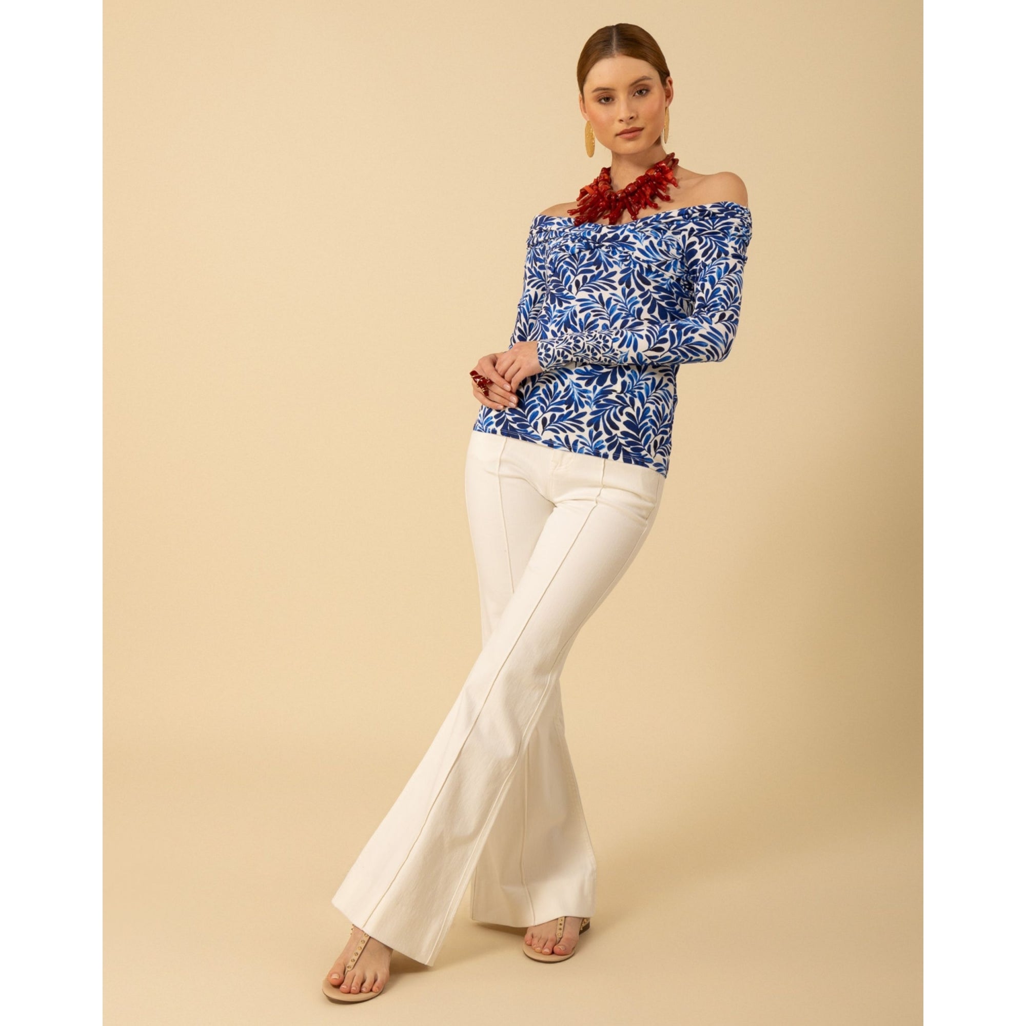 Hale Bob Leaf Print Cross Over Jersey Fitted Top Cobalt/white