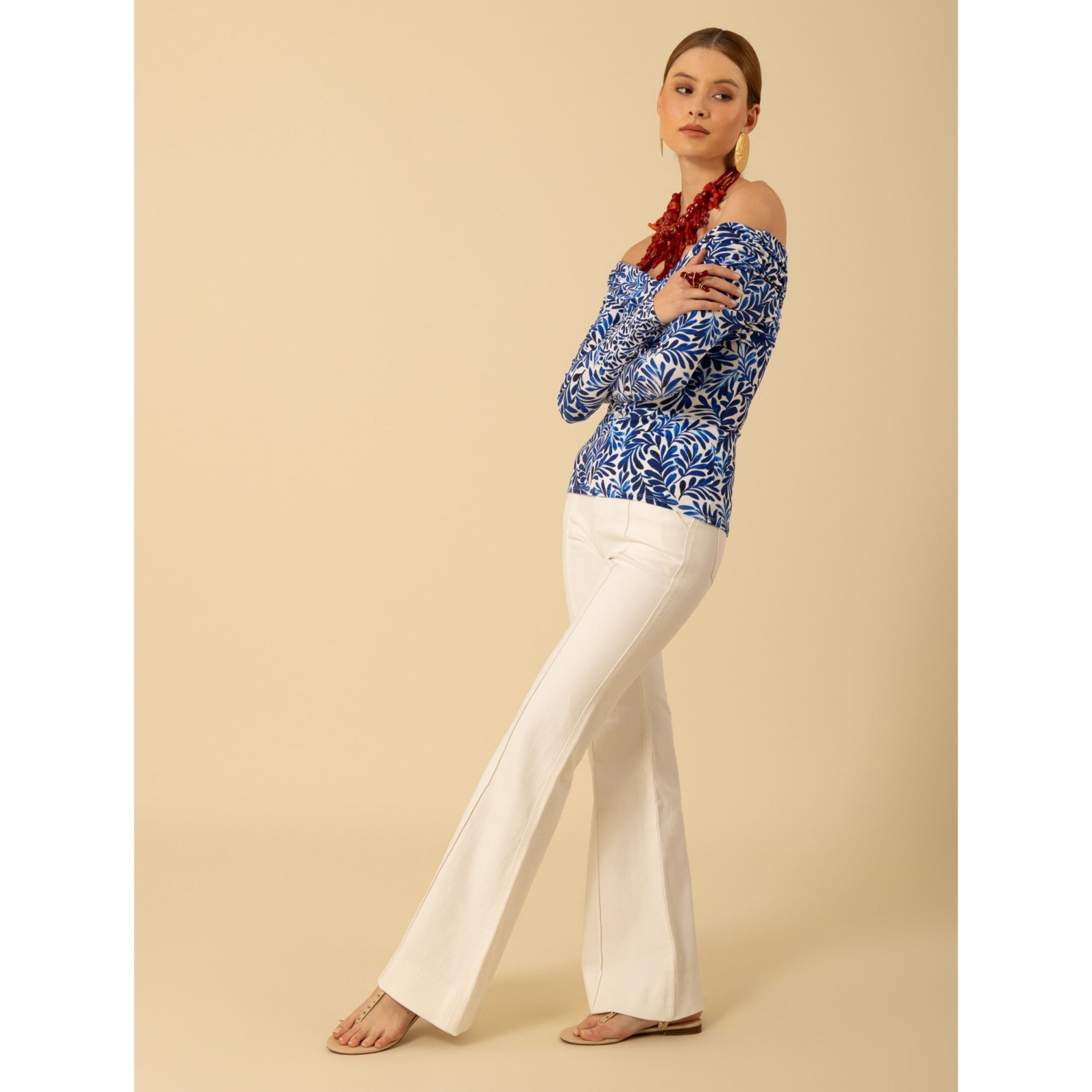 Hale Bob Leaf Print Cross Over Jersey Fitted Top Cobalt/white