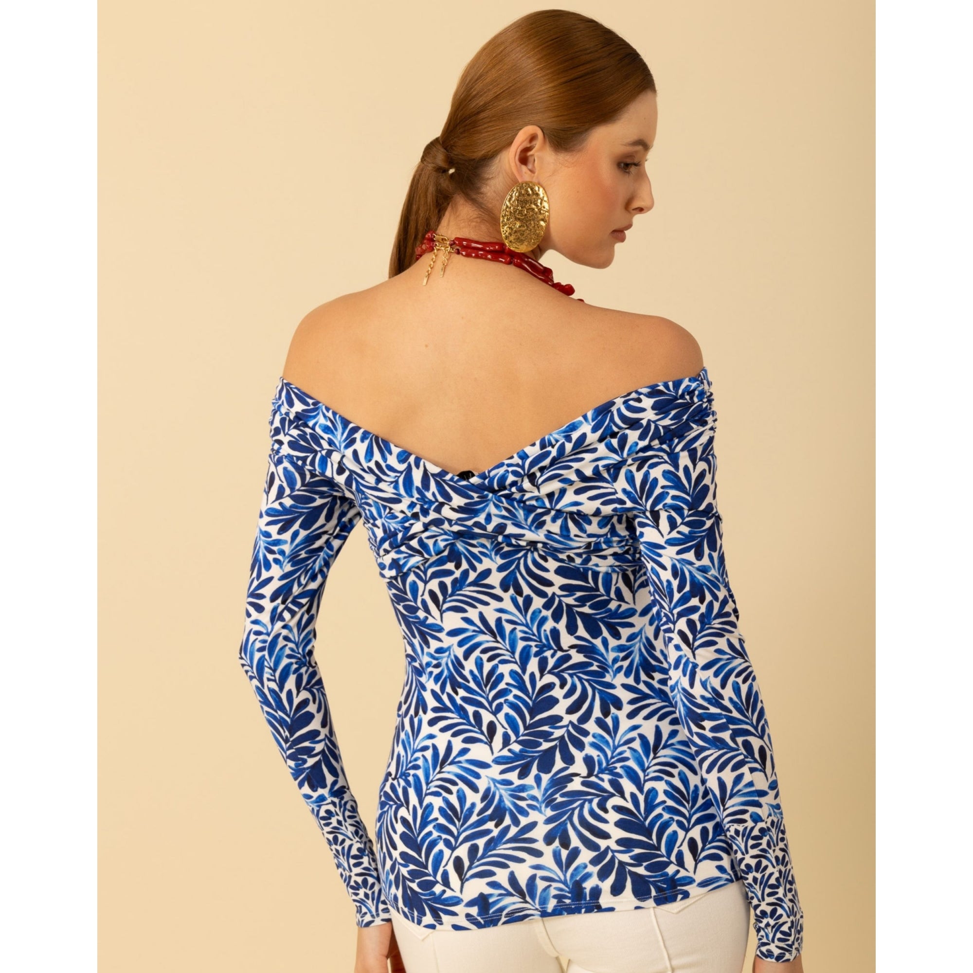 Hale Bob Leaf Print Cross Over Jersey Fitted Top Cobalt/white