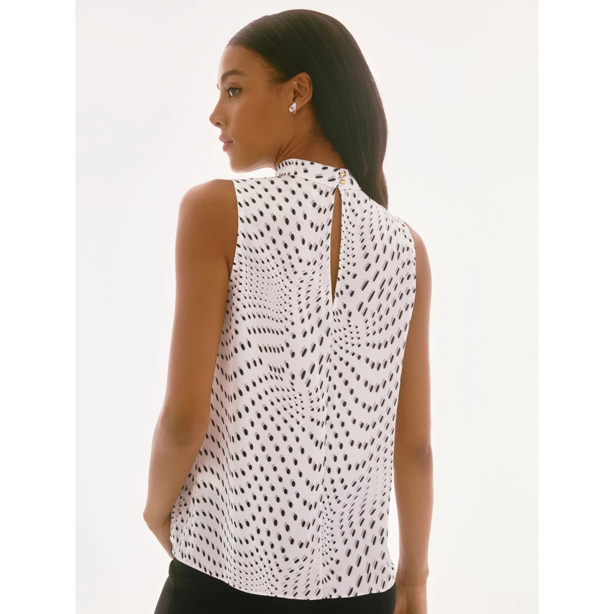 Joseph Ribkoff Sleeveless Mock Neck Satin Top With Keyhole Vanilla/black