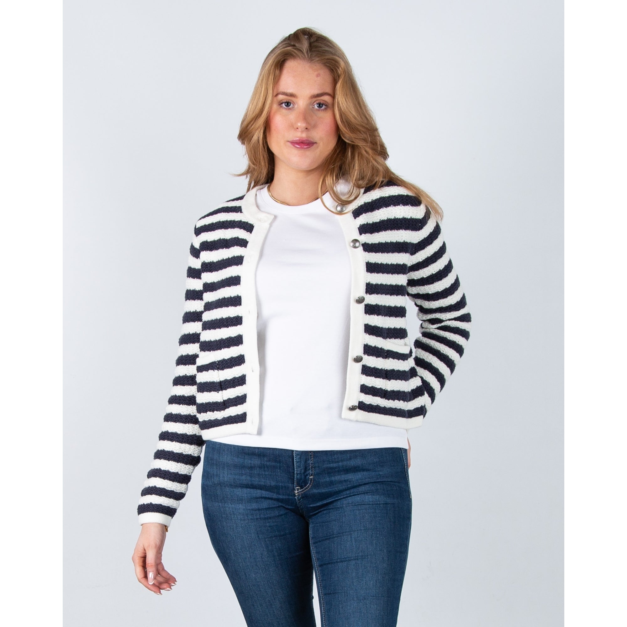 Red Button Danelle Stripe Waffle Knit Pocket Front Cardigan Ecru/navy