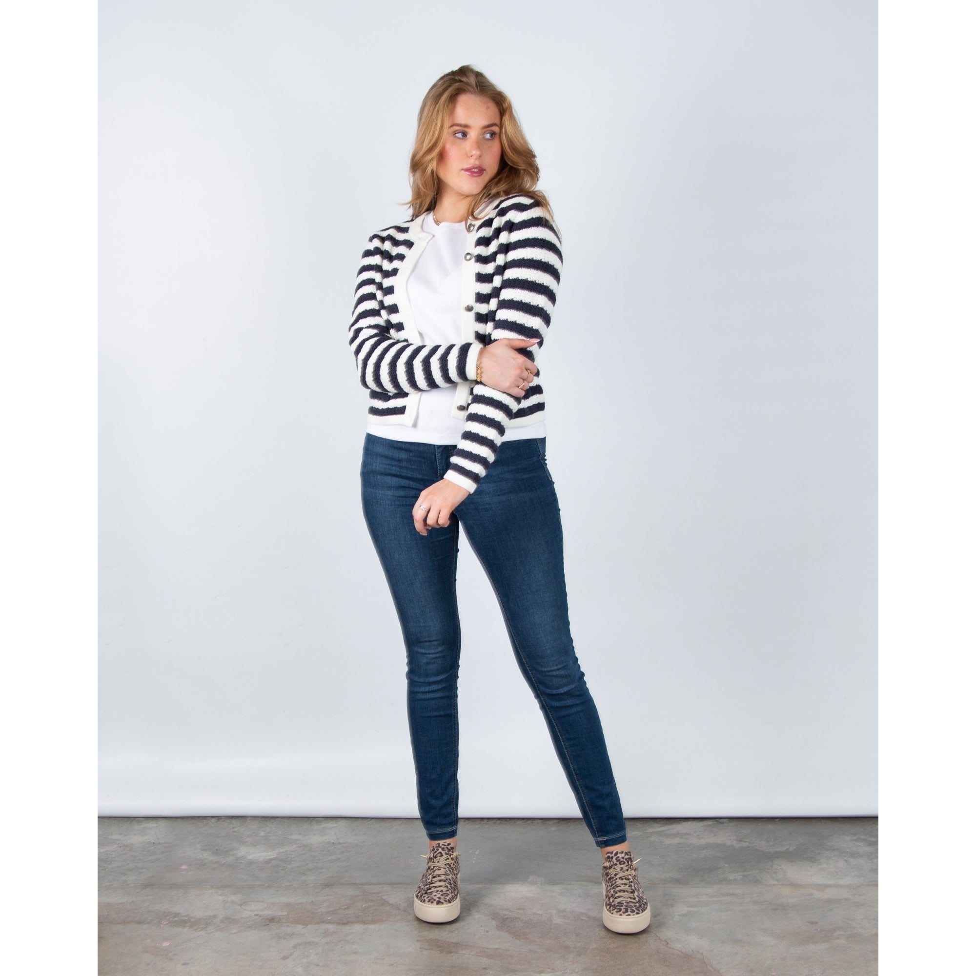 Red Button Danelle Stripe Waffle Knit Pocket Front Cardigan Ecru/navy