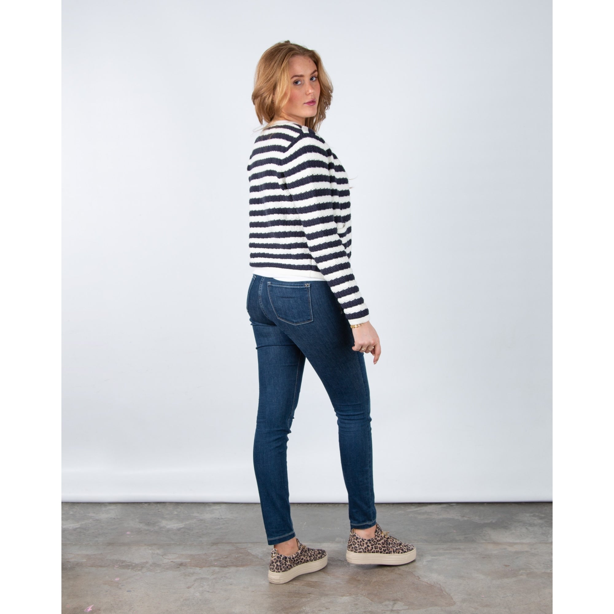 Red Button Danelle Stripe Waffle Knit Pocket Front Cardigan Ecru/navy