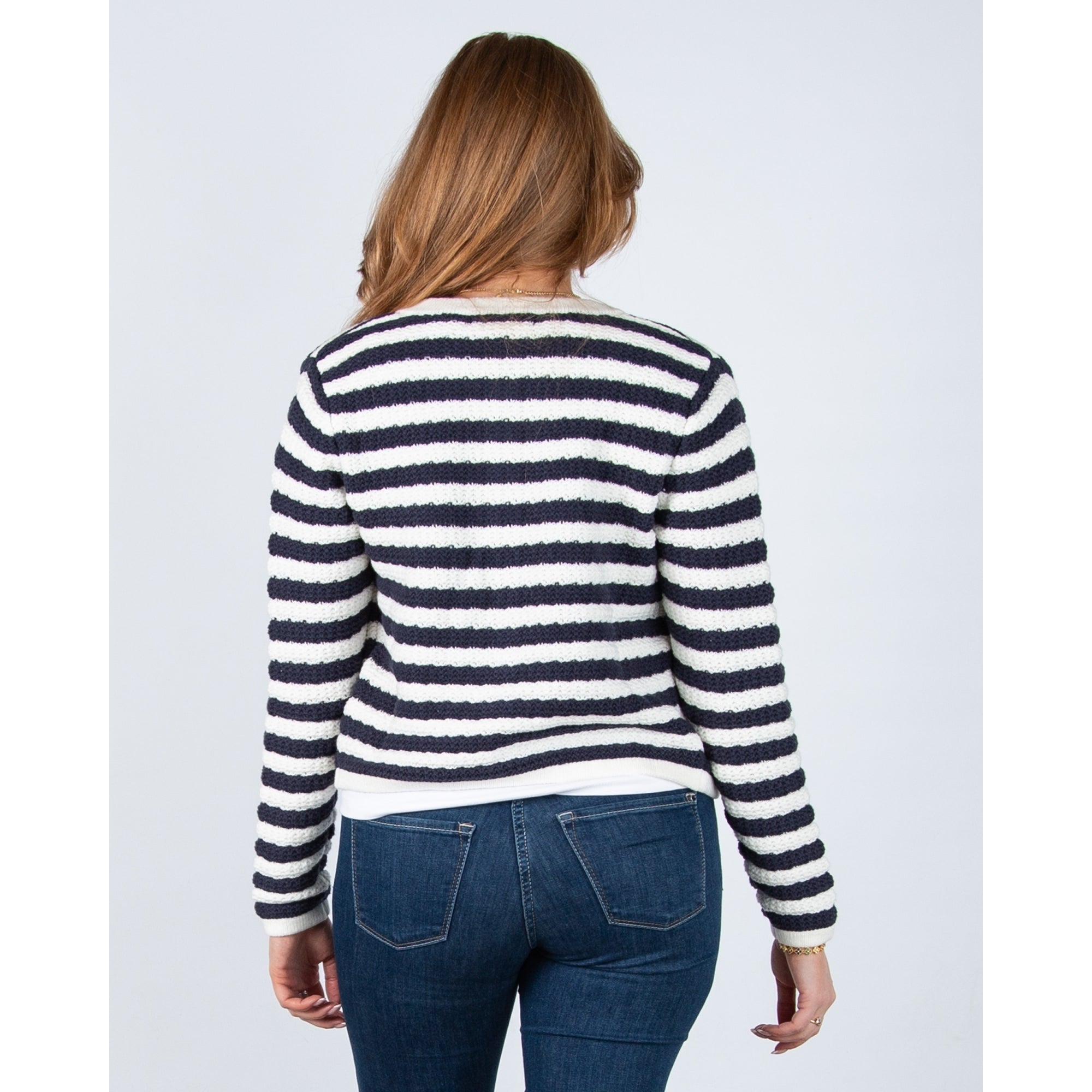 Red Button Danelle Stripe Waffle Knit Pocket Front Cardigan Ecru/navy