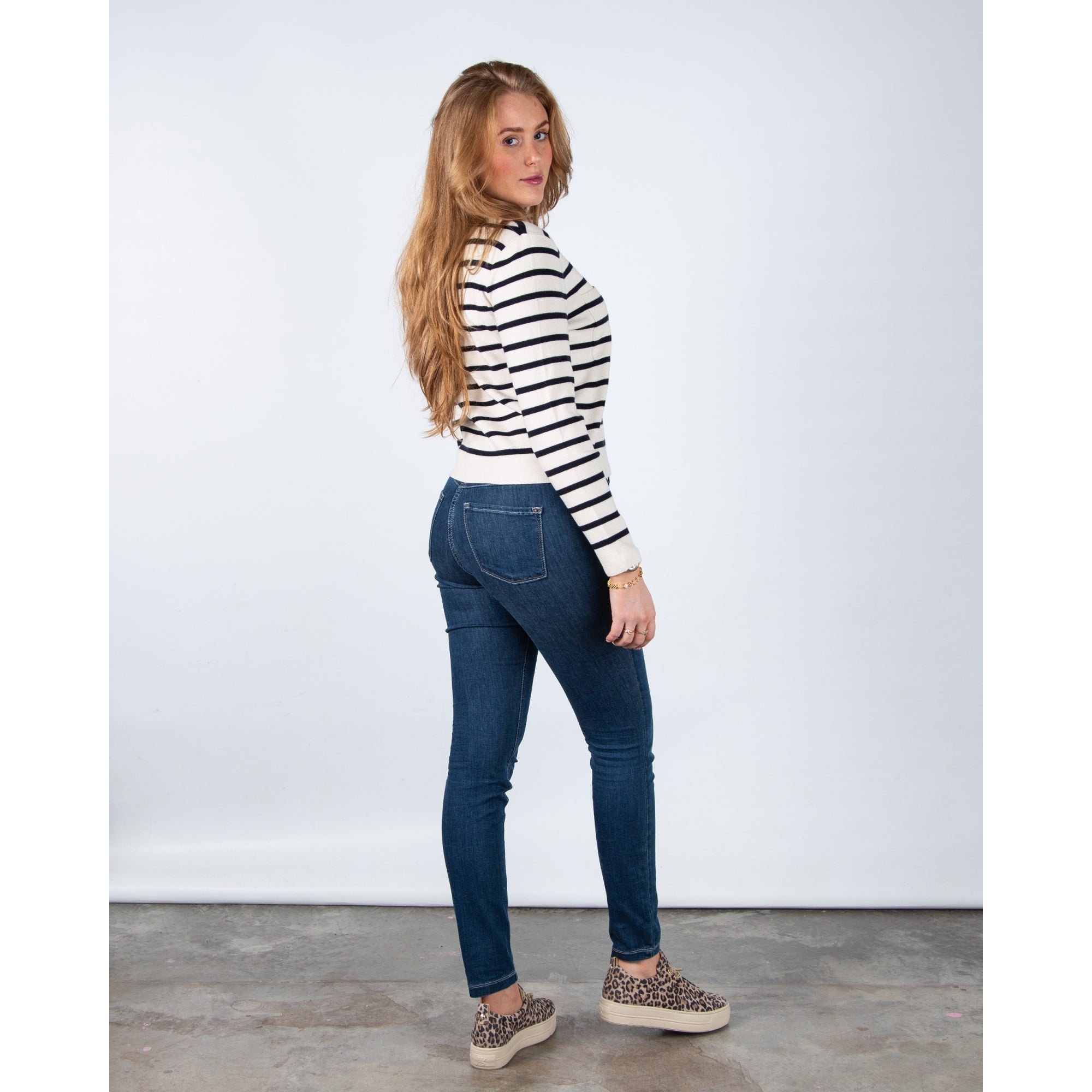 Oui Pocket Front Button Down Stripe Cardigan With Collar Ecru/navy