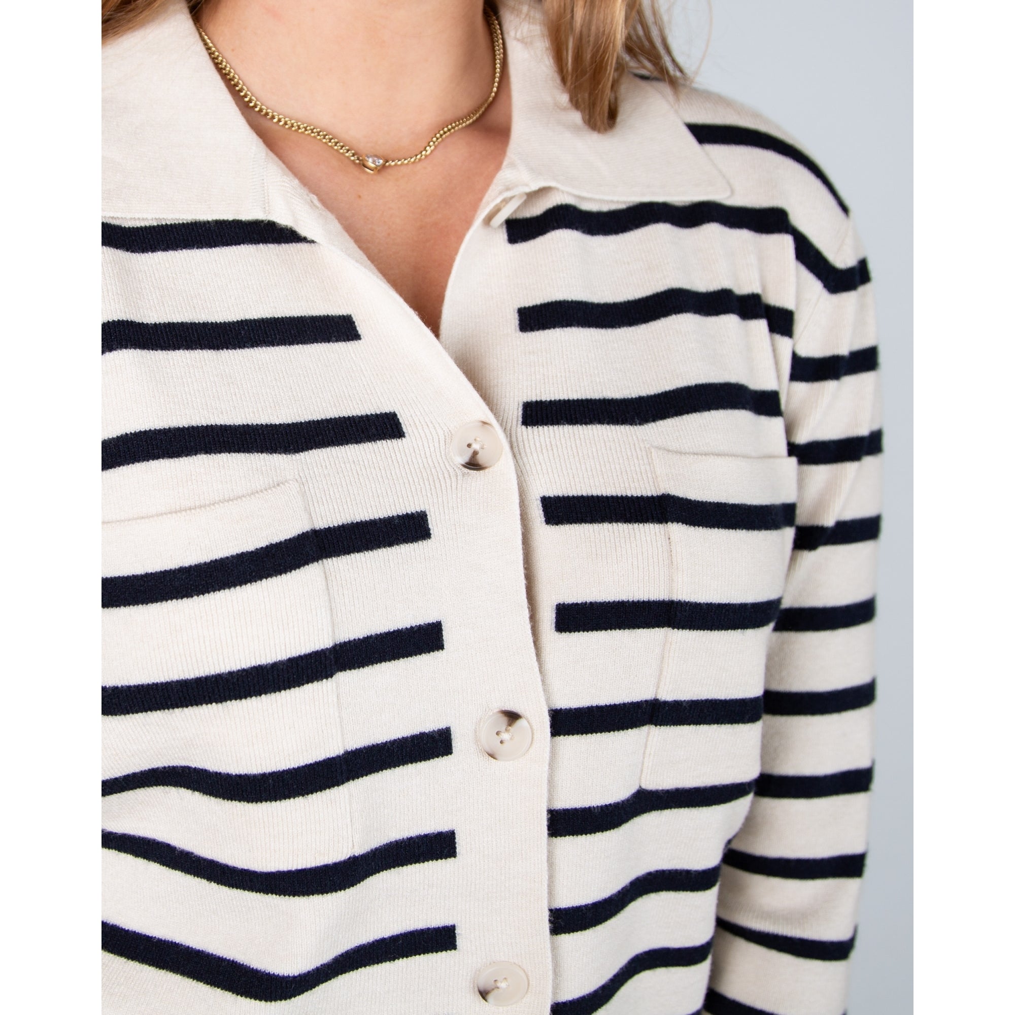 Oui Pocket Front Button Down Stripe Cardigan With Collar Ecru/navy