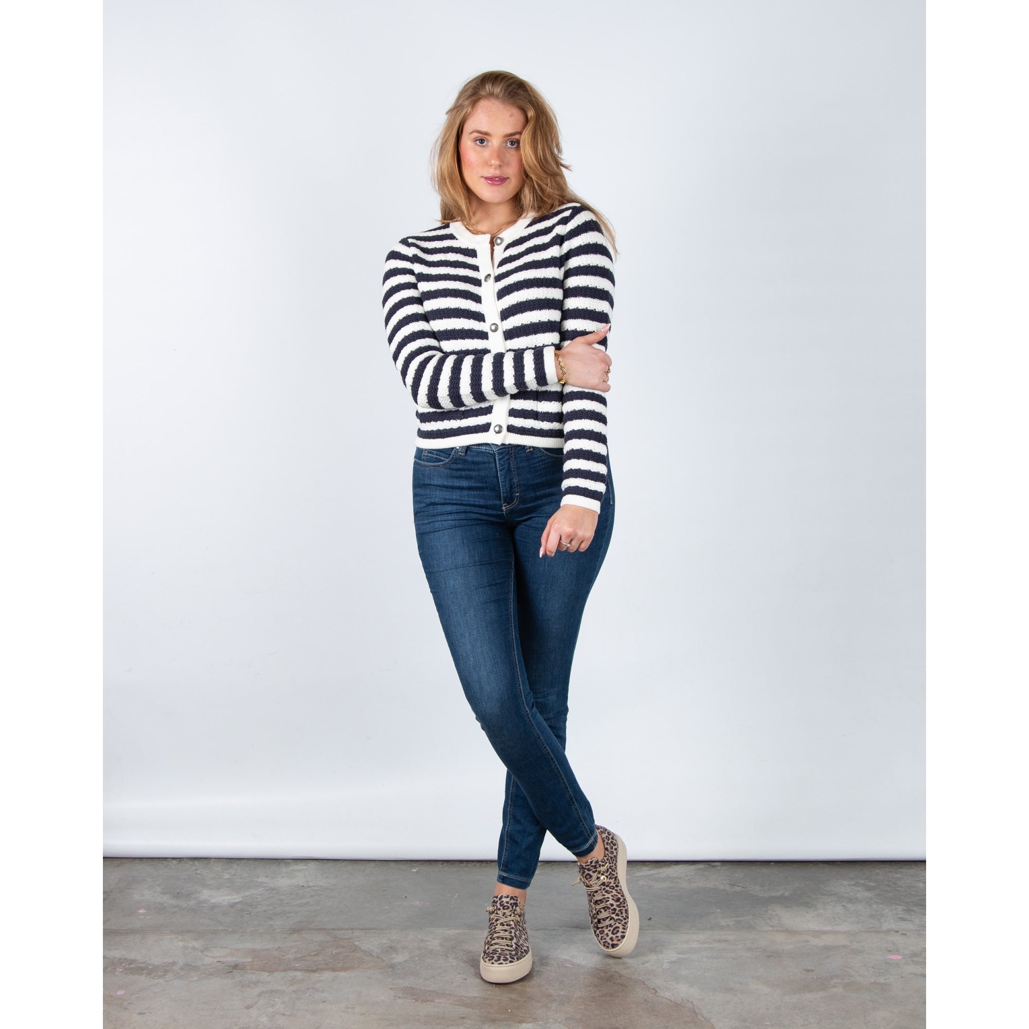 Red Button Danelle Stripe Waffle Knit Pocket Front Cardigan Ecru/navy