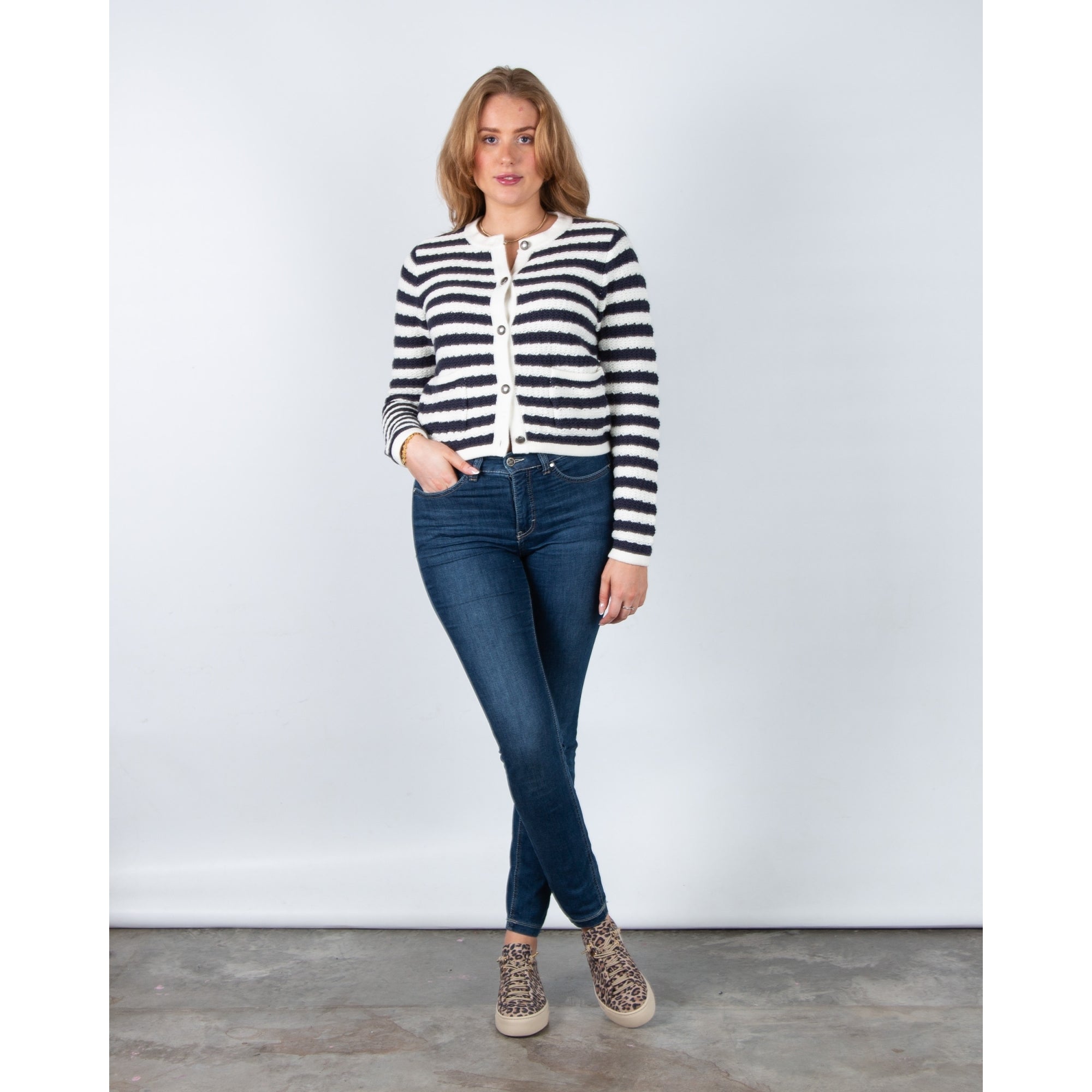 Red Button Danelle Stripe Waffle Knit Pocket Front Cardigan Ecru/navy