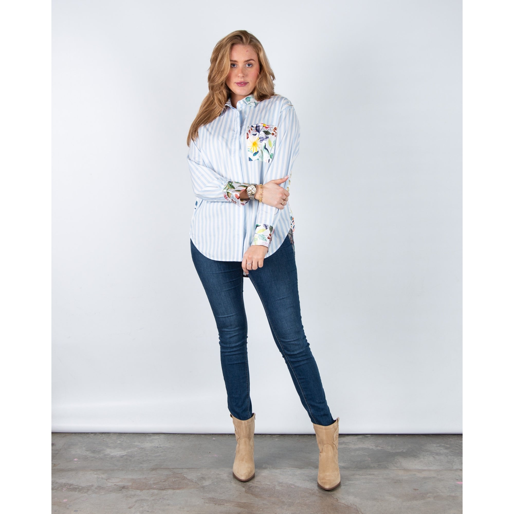 Herzens Angelegenheit Oversized Stripe Shirt With Floral Silk Back Baby Blue/white