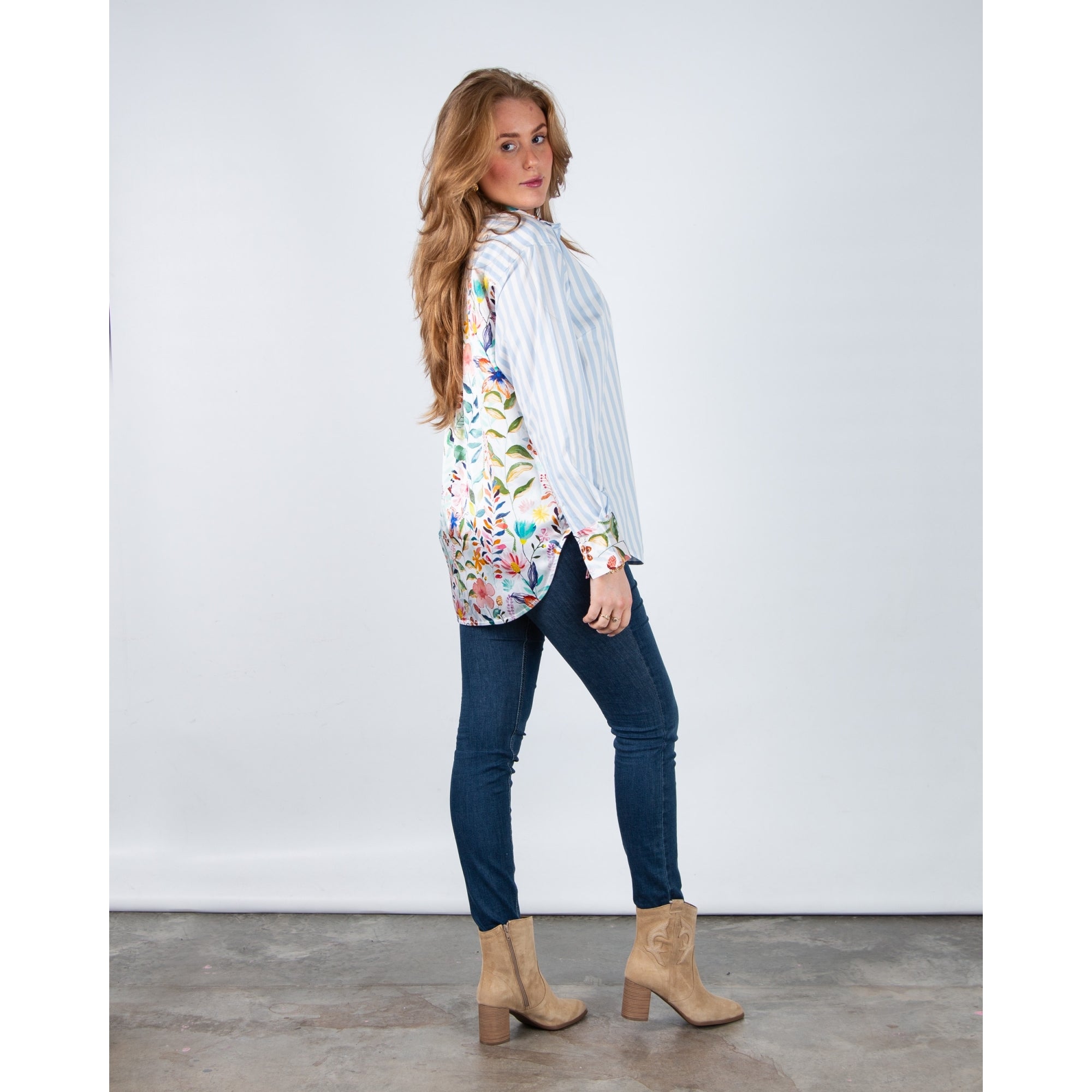 Herzens Angelegenheit Oversized Stripe Shirt With Floral Silk Back Baby Blue/white