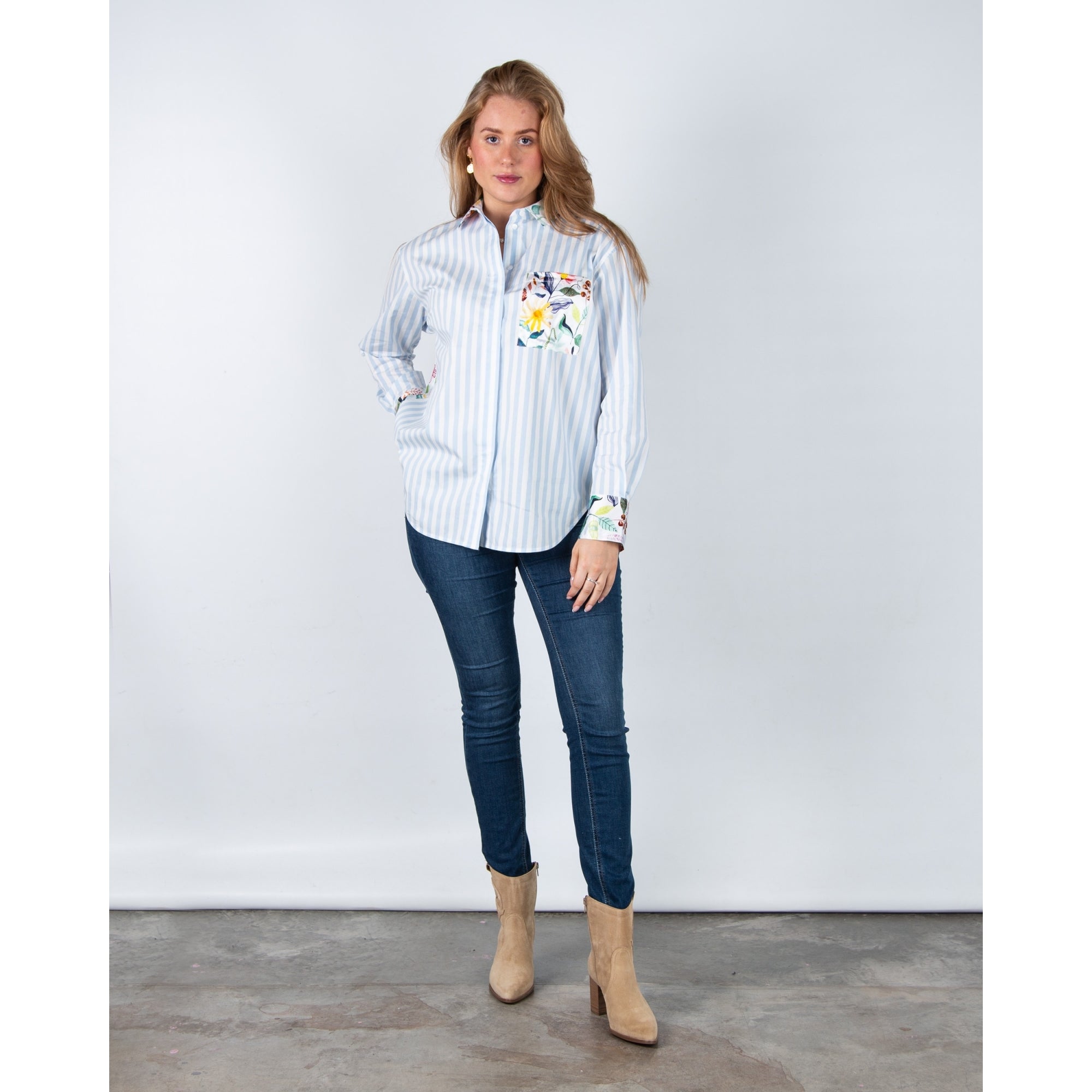 Herzens Angelegenheit Oversized Stripe Shirt With Floral Silk Back Baby Blue/white