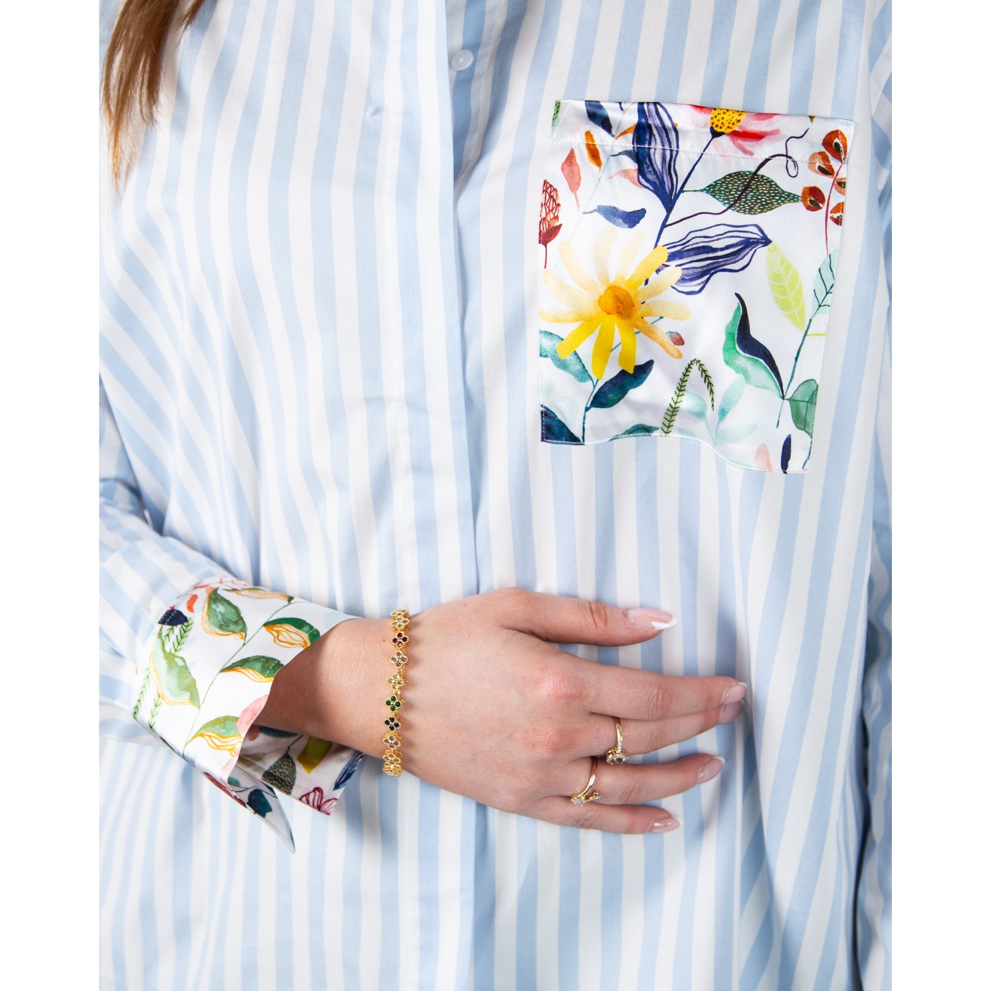 Herzens Angelegenheit Oversized Stripe Shirt With Floral Silk Back Baby Blue/white