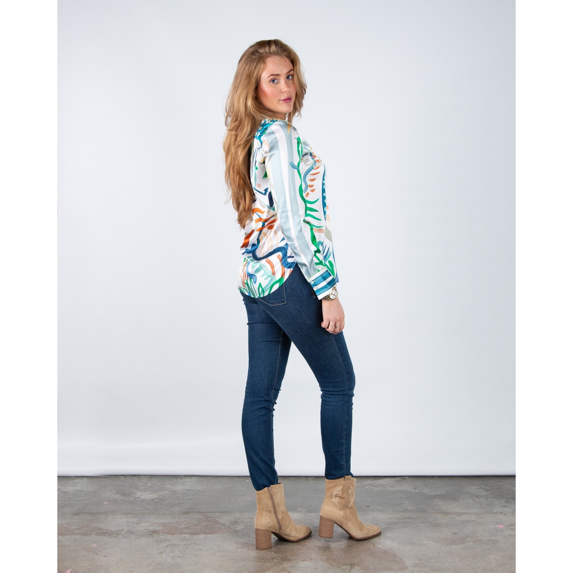 Herzens Angelegenheit Painted Abstract Print Collarless Silk Blouse Cream Multi