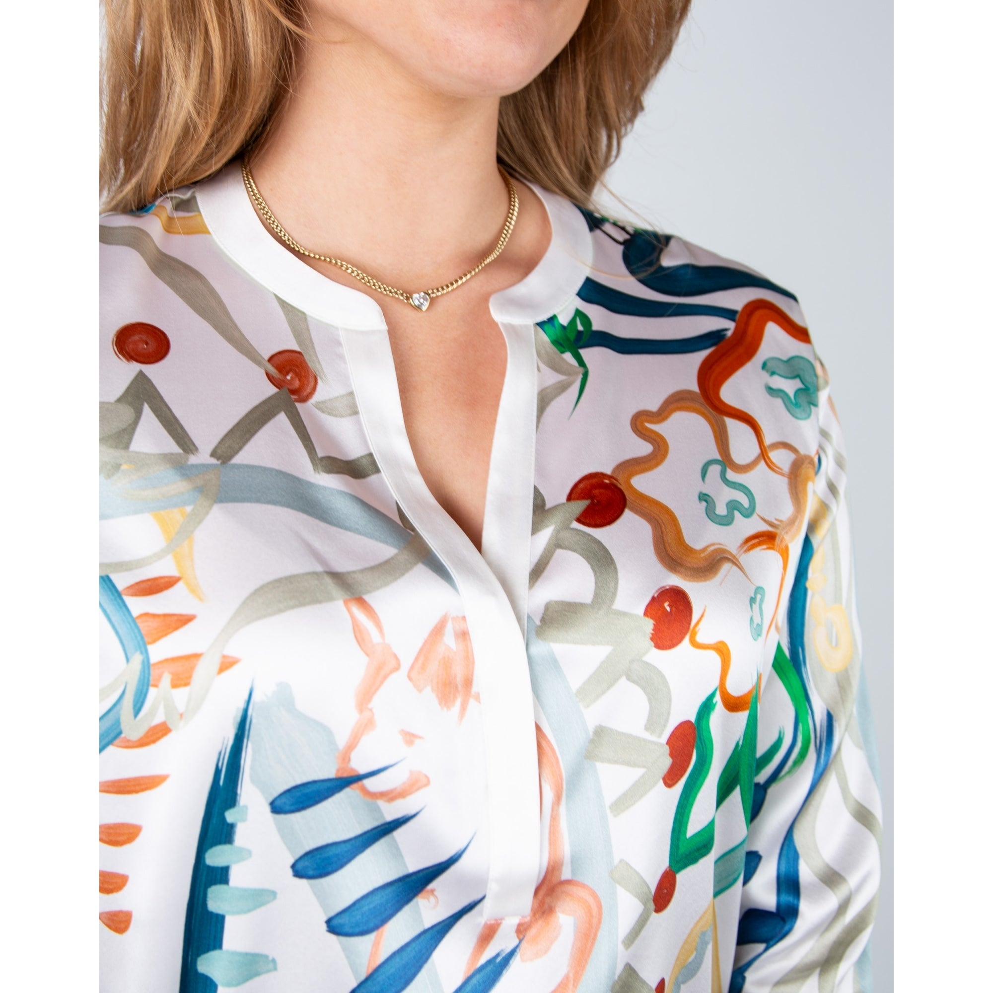 Herzens Angelegenheit Painted Abstract Print Collarless Silk Blouse Cream Multi