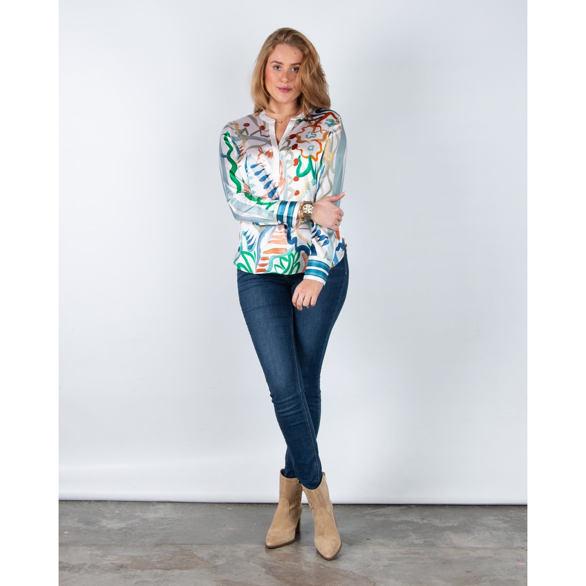 Herzens Angelegenheit Painted Abstract Print Collarless Silk Blouse Cream Multi