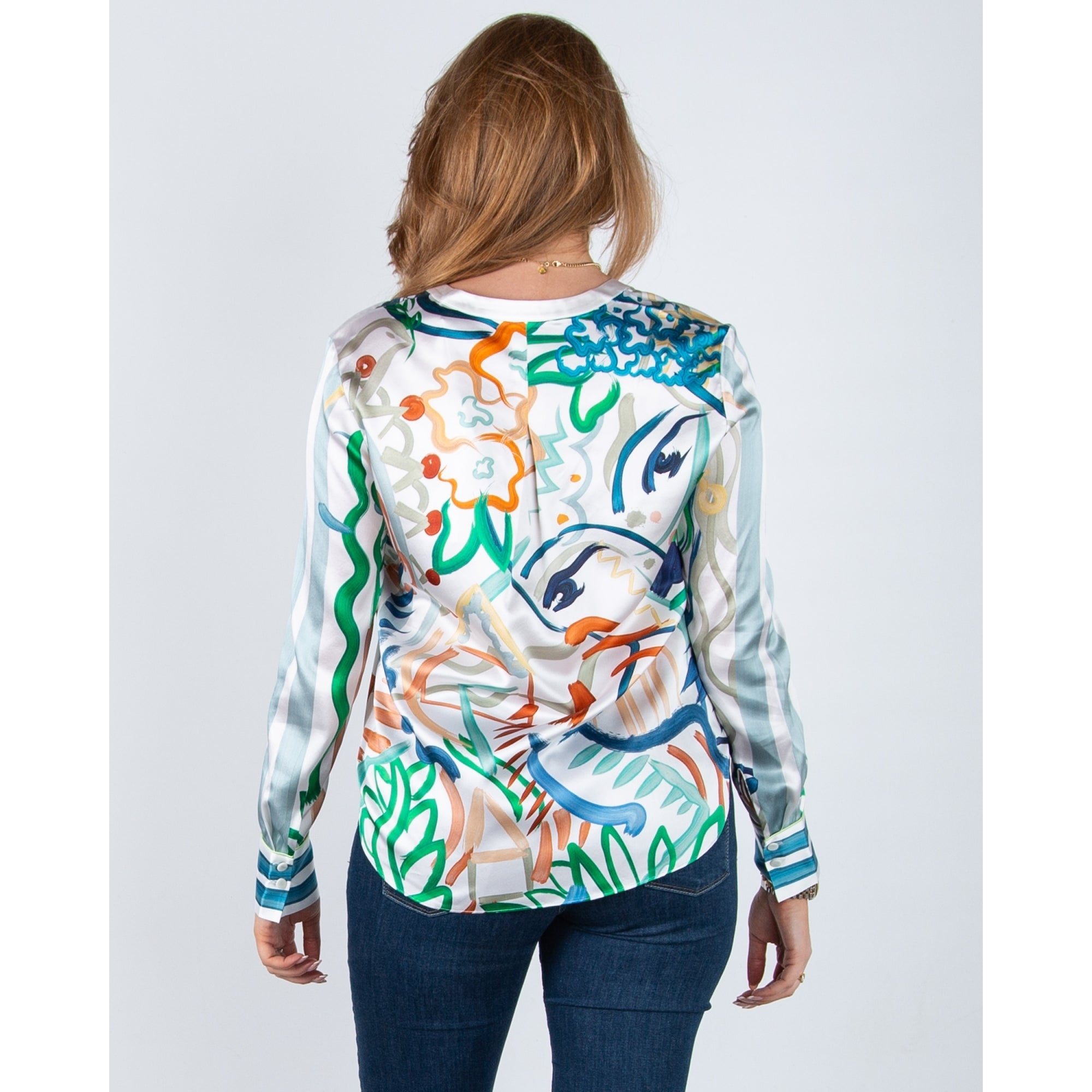 Herzens Angelegenheit Painted Abstract Print Collarless Silk Blouse Cream Multi