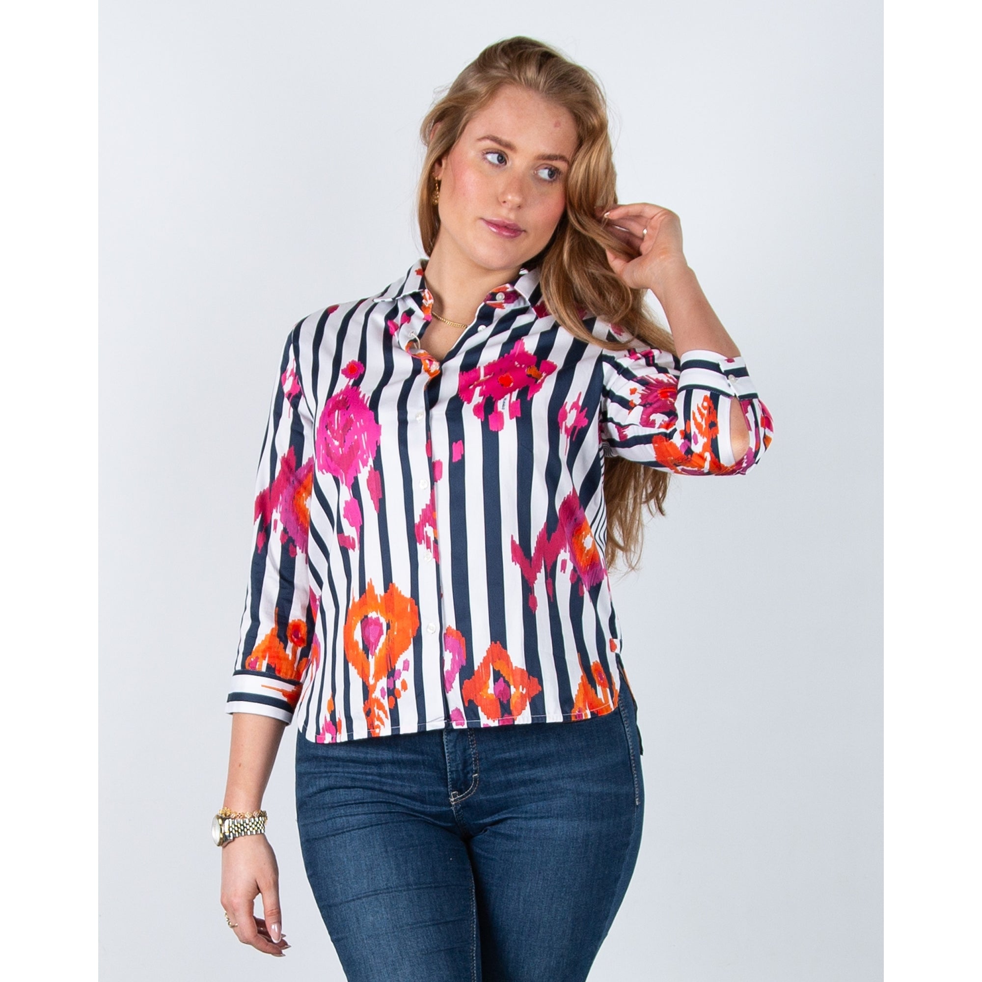 Vilagallo Poline Ikat Stripe Print Fitted Stretch Shirt Navy/pink