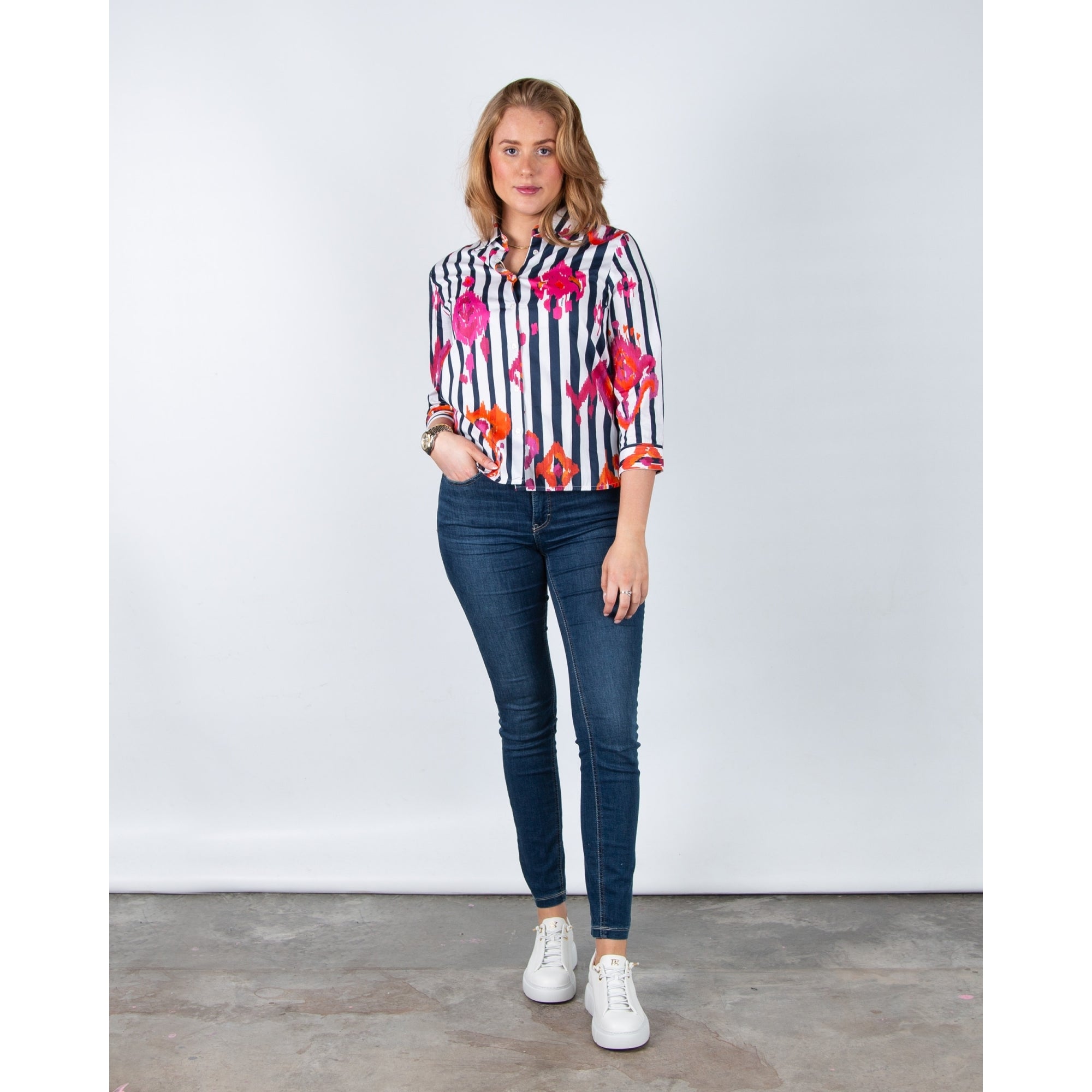 Vilagallo Poline Ikat Stripe Print Fitted Stretch Shirt Navy/pink