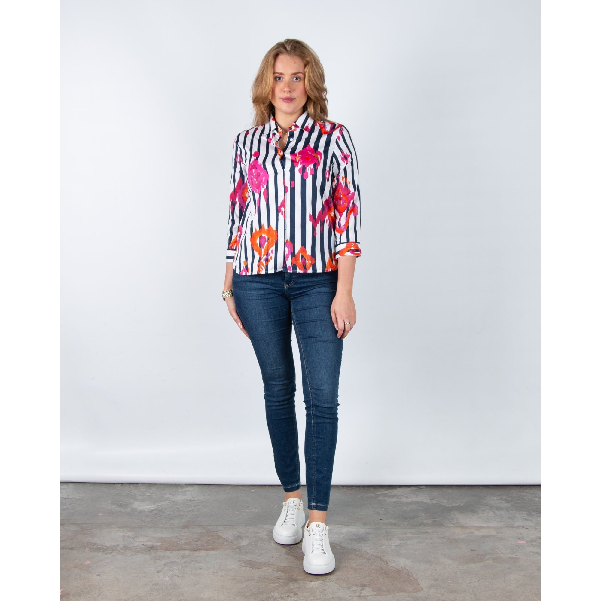 Vilagallo Poline Ikat Stripe Print Fitted Stretch Shirt Navy/pink