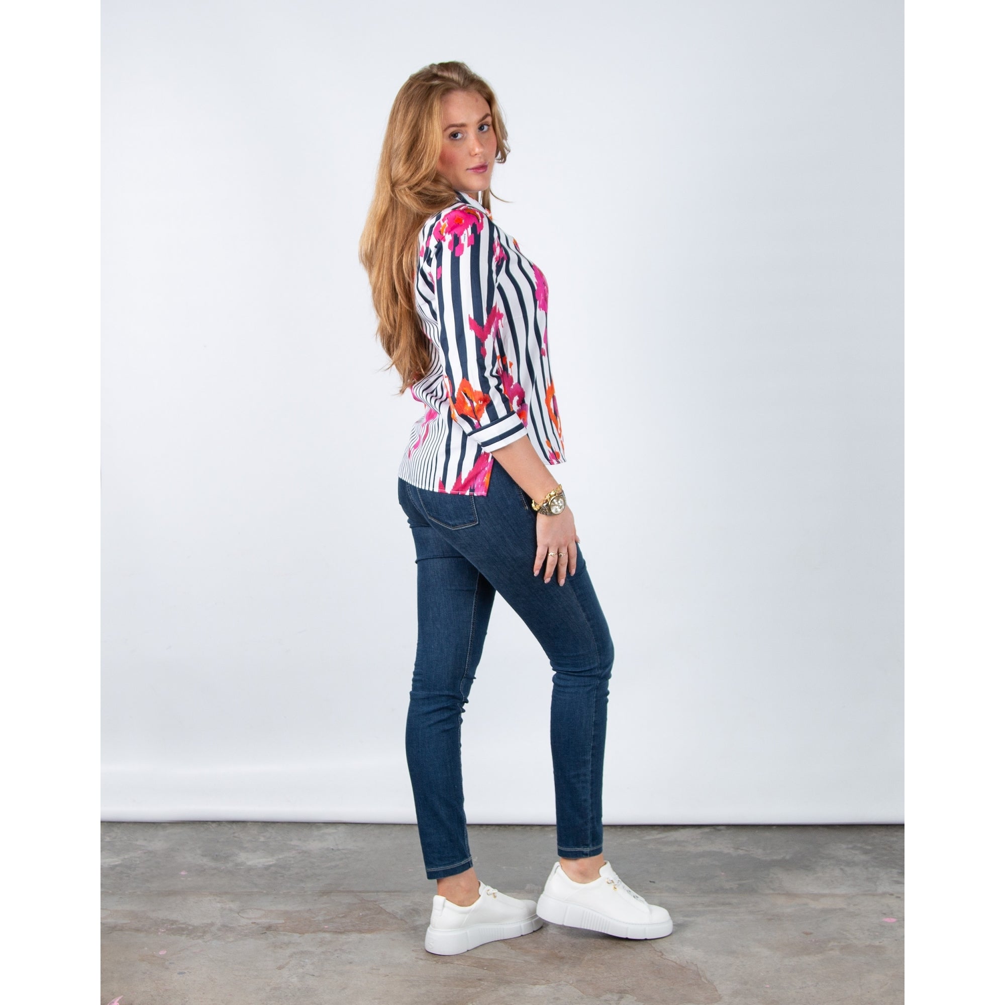 Vilagallo Poline Ikat Stripe Print Fitted Stretch Shirt Navy/pink