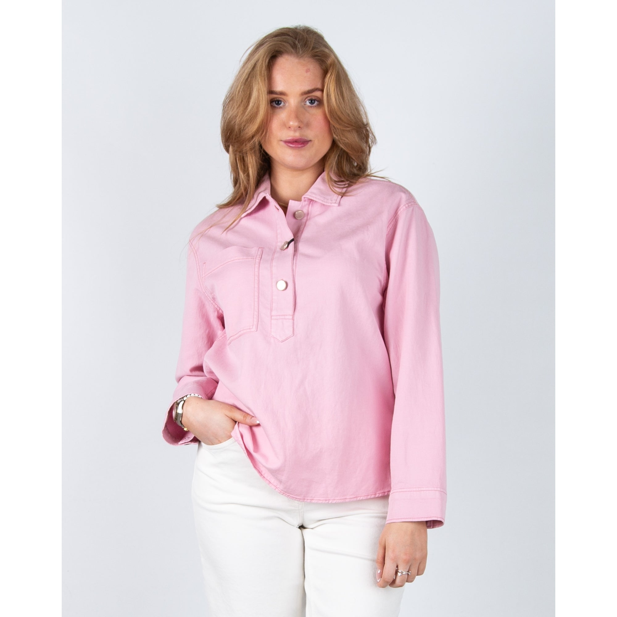Luisa Cerano Oversized Denim Pocket Front Blouse With Shirt Collar