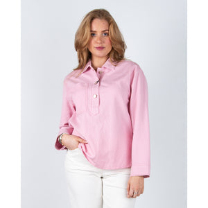 Luisa Cerano Oversized Denim Pocket Front Blouse With Shirt Collar