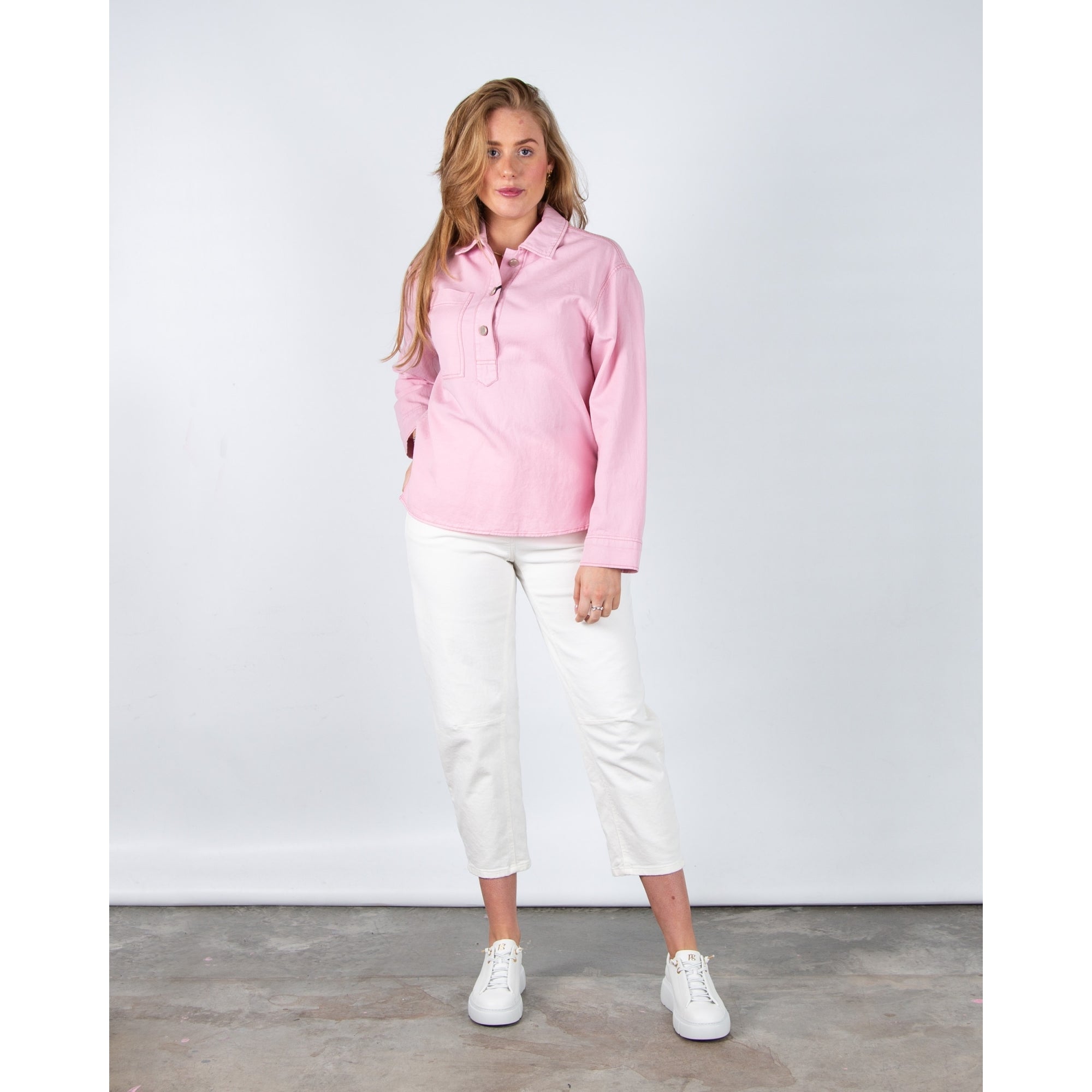 Luisa Cerano Oversized Denim Pocket Front Blouse With Shirt Collar Baby Pink