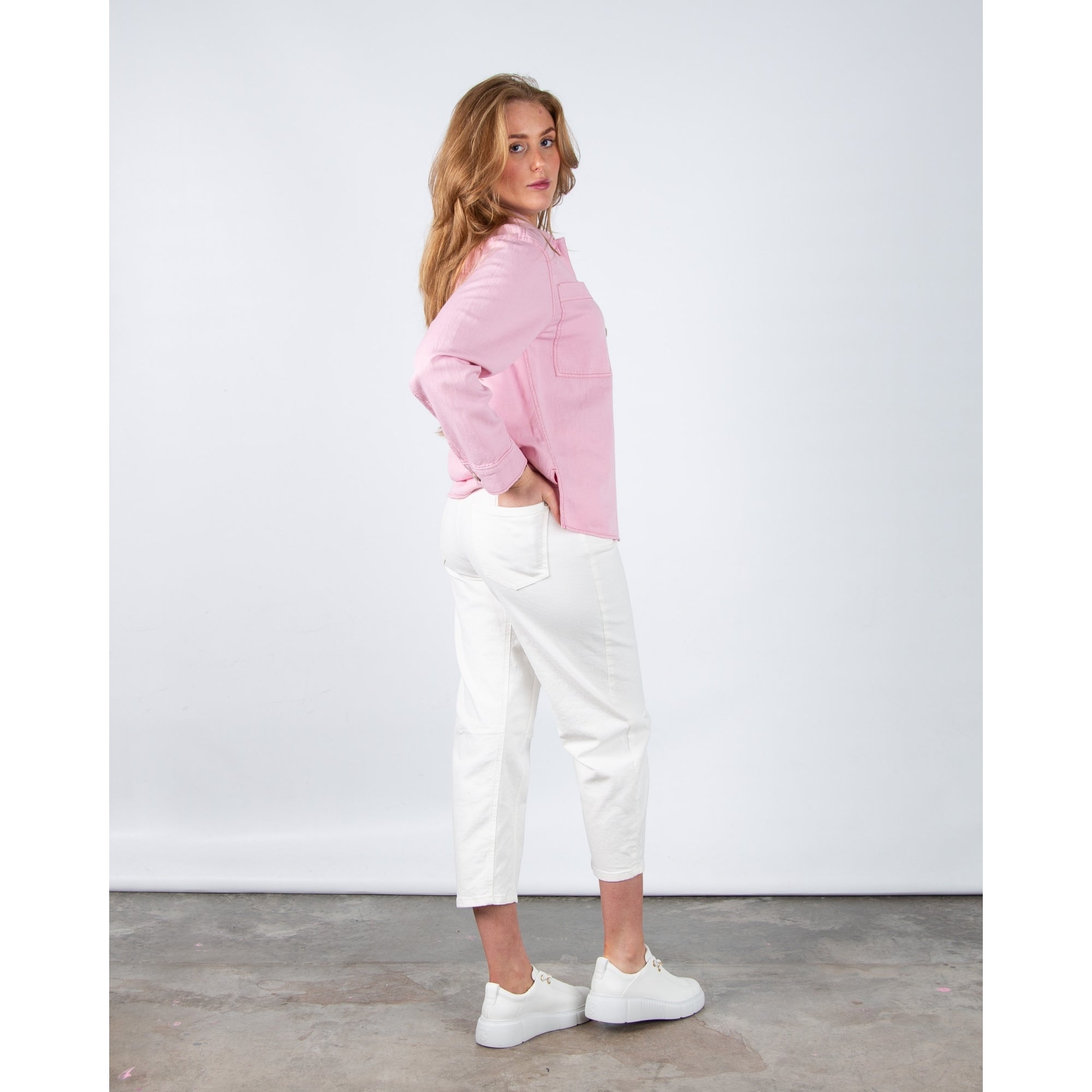 Luisa Cerano Oversized Denim Pocket Front Blouse With Shirt Collar Baby Pink