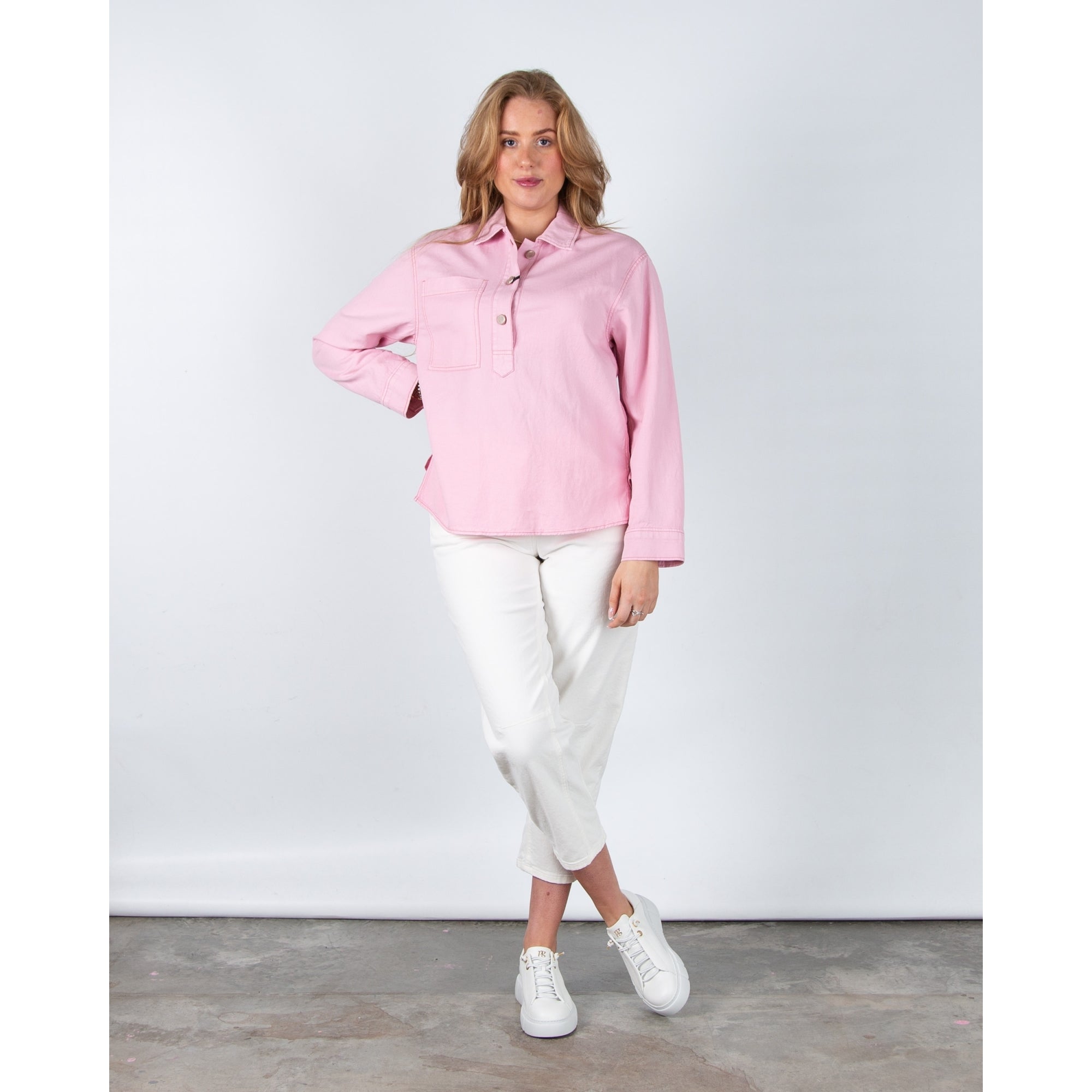 Luisa Cerano Oversized Denim Pocket Front Blouse With Shirt Collar Baby Pink