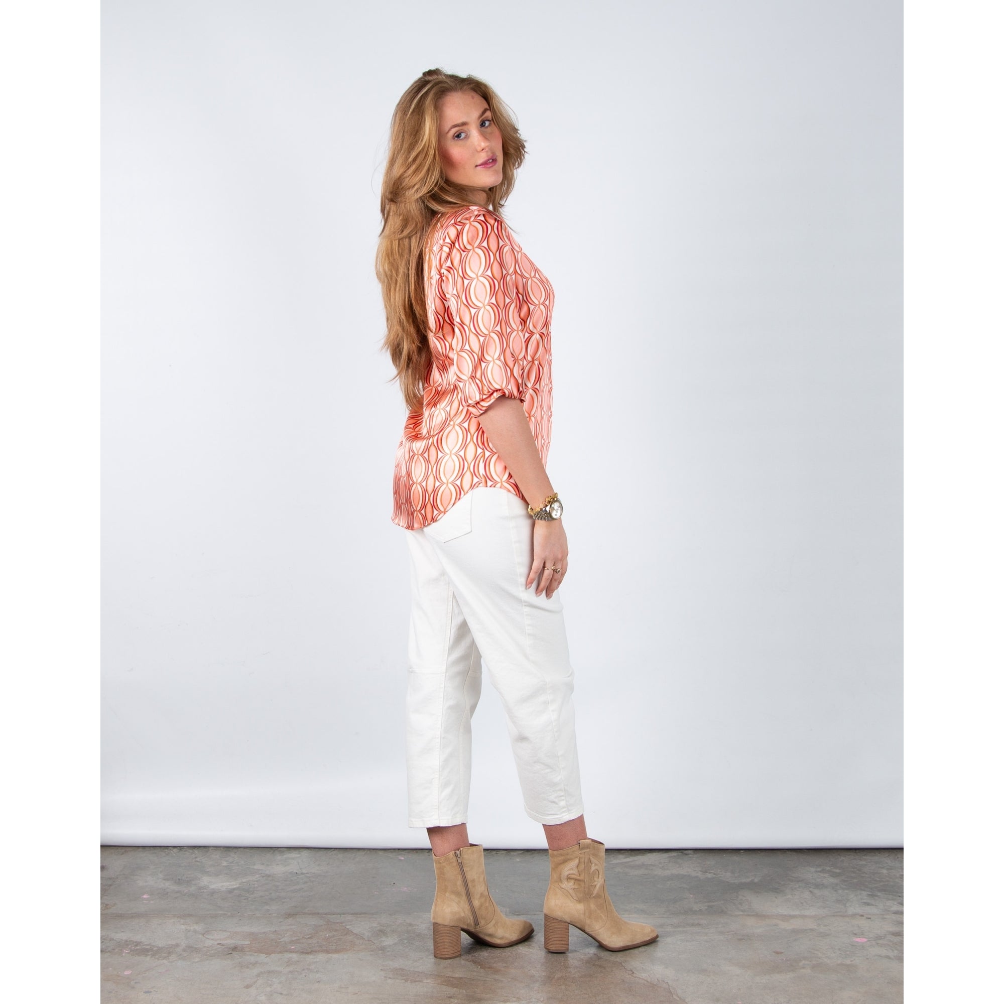 Charlotte Sparre Geometric Circle Print Silk Blouse 3/4 Sleeve Myriam Red