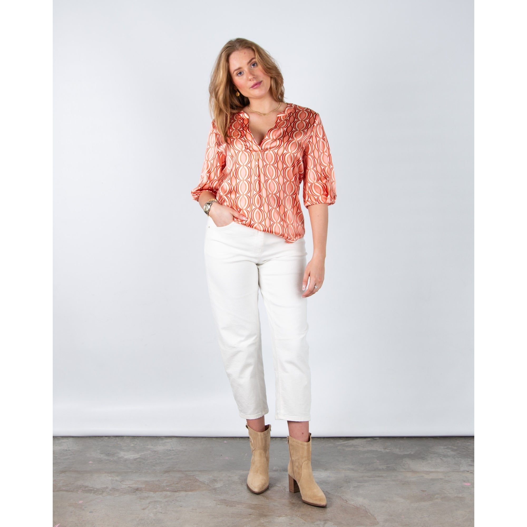 Charlotte Sparre Geometric Circle Print Silk Blouse 3/4 Sleeve Myriam Red