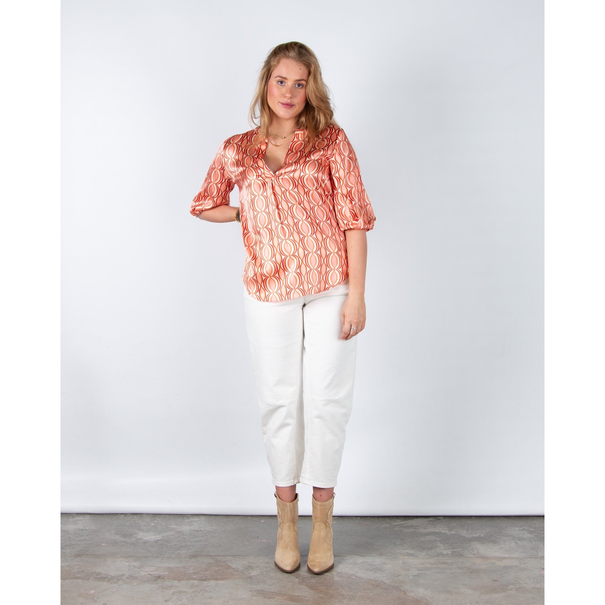 Charlotte Sparre Geometric Circle Print Silk Blouse 3/4 Sleeve Myriam Red