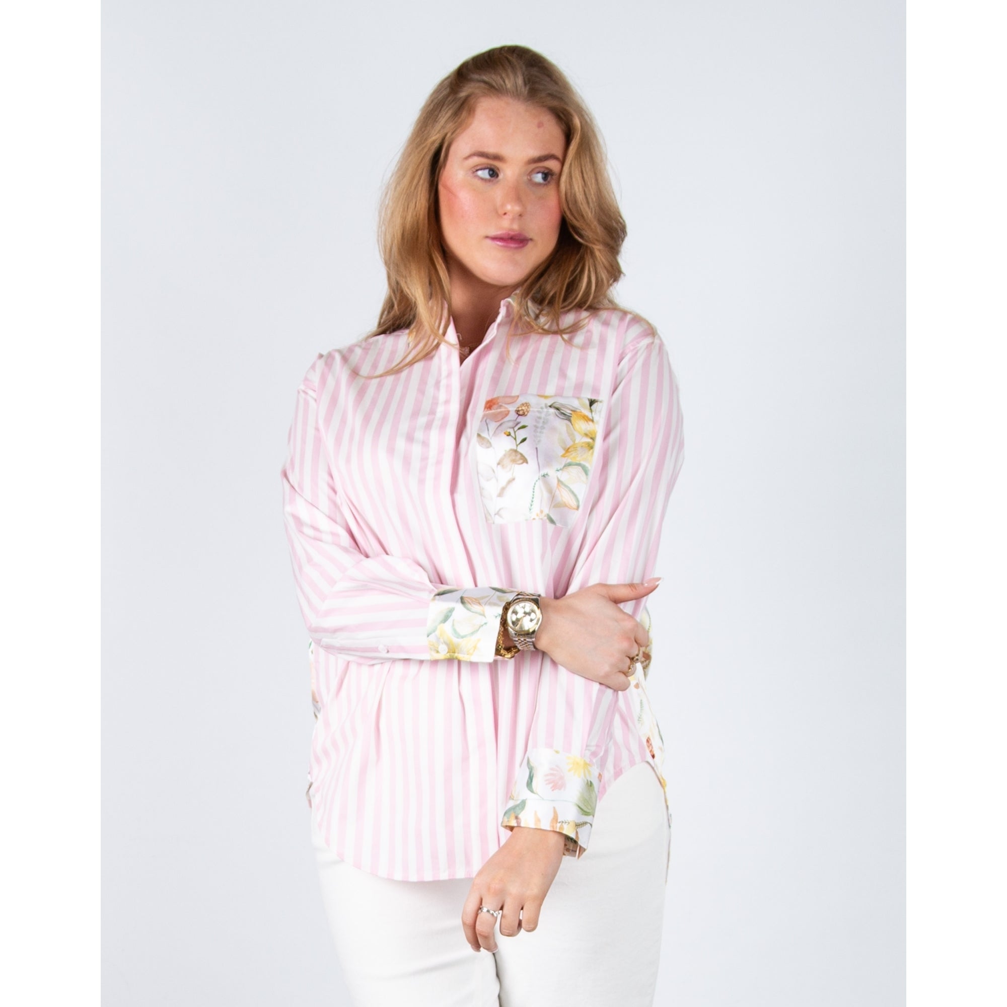 Herzens Angelegenheit Oversized Stripe Shirt With Floral Silk Back A Baby Pink/white